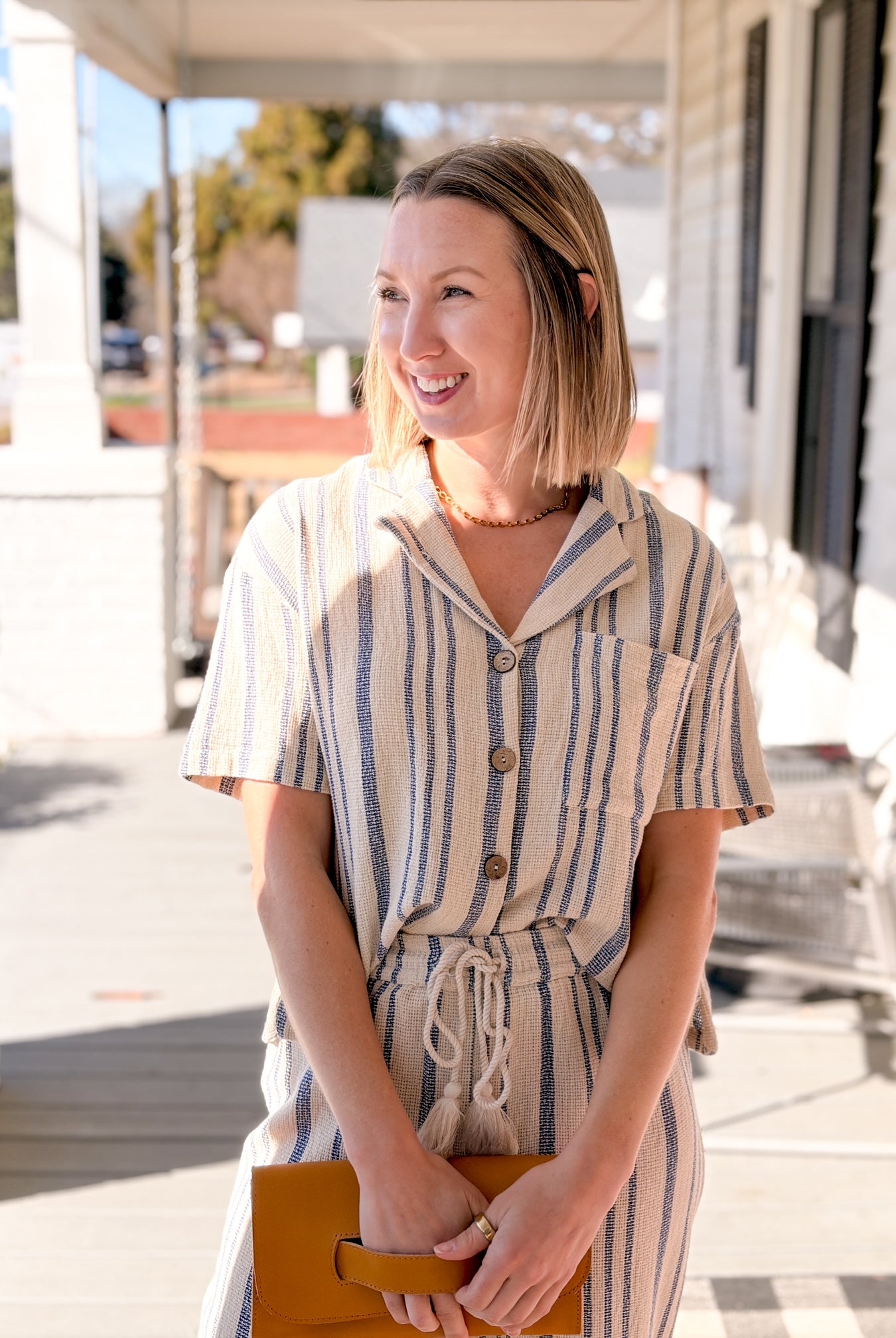 Short Sleeve Collared V-Neck Striped Top