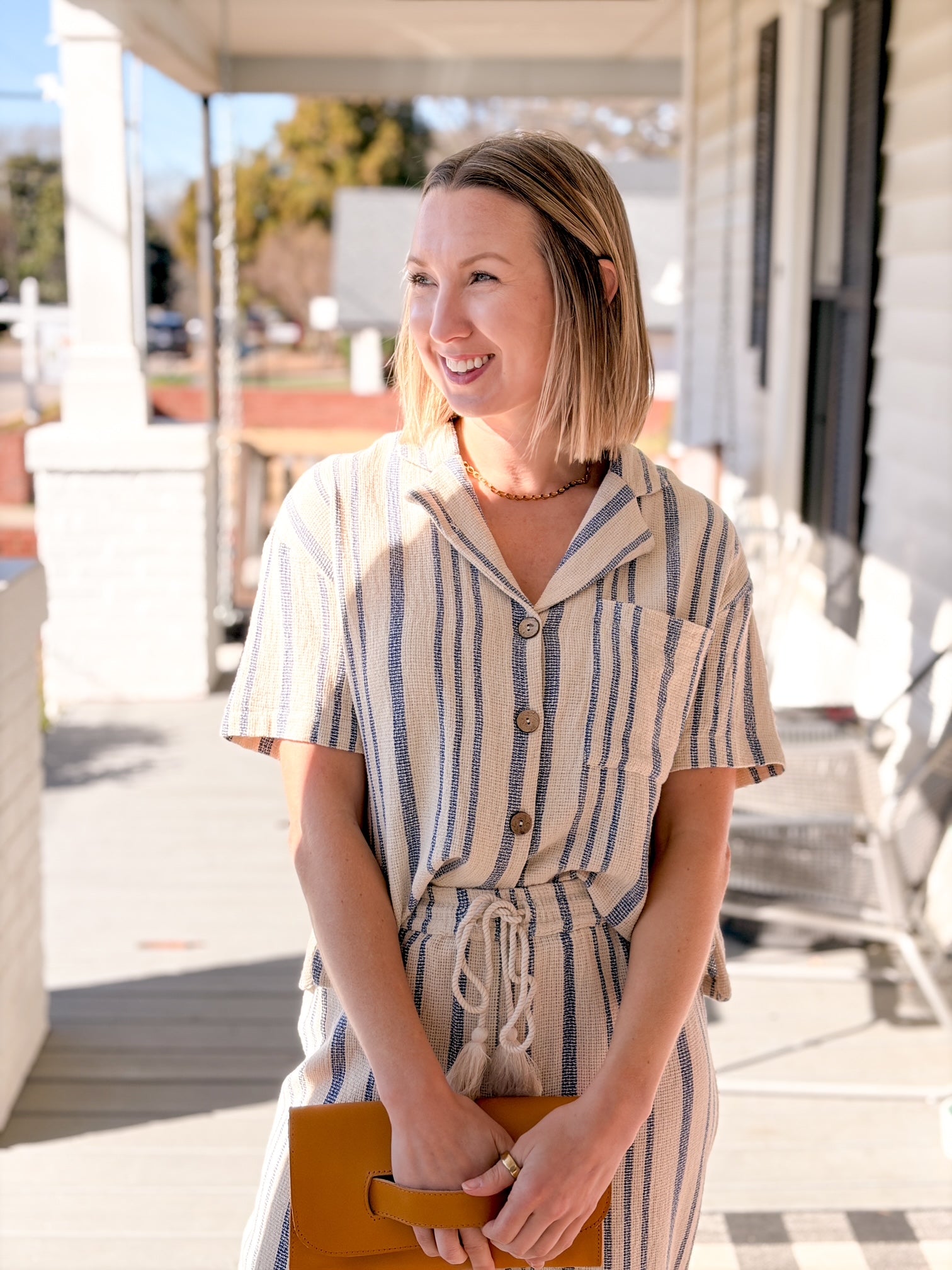 Short Sleeve Collared V-Neck Striped Top
