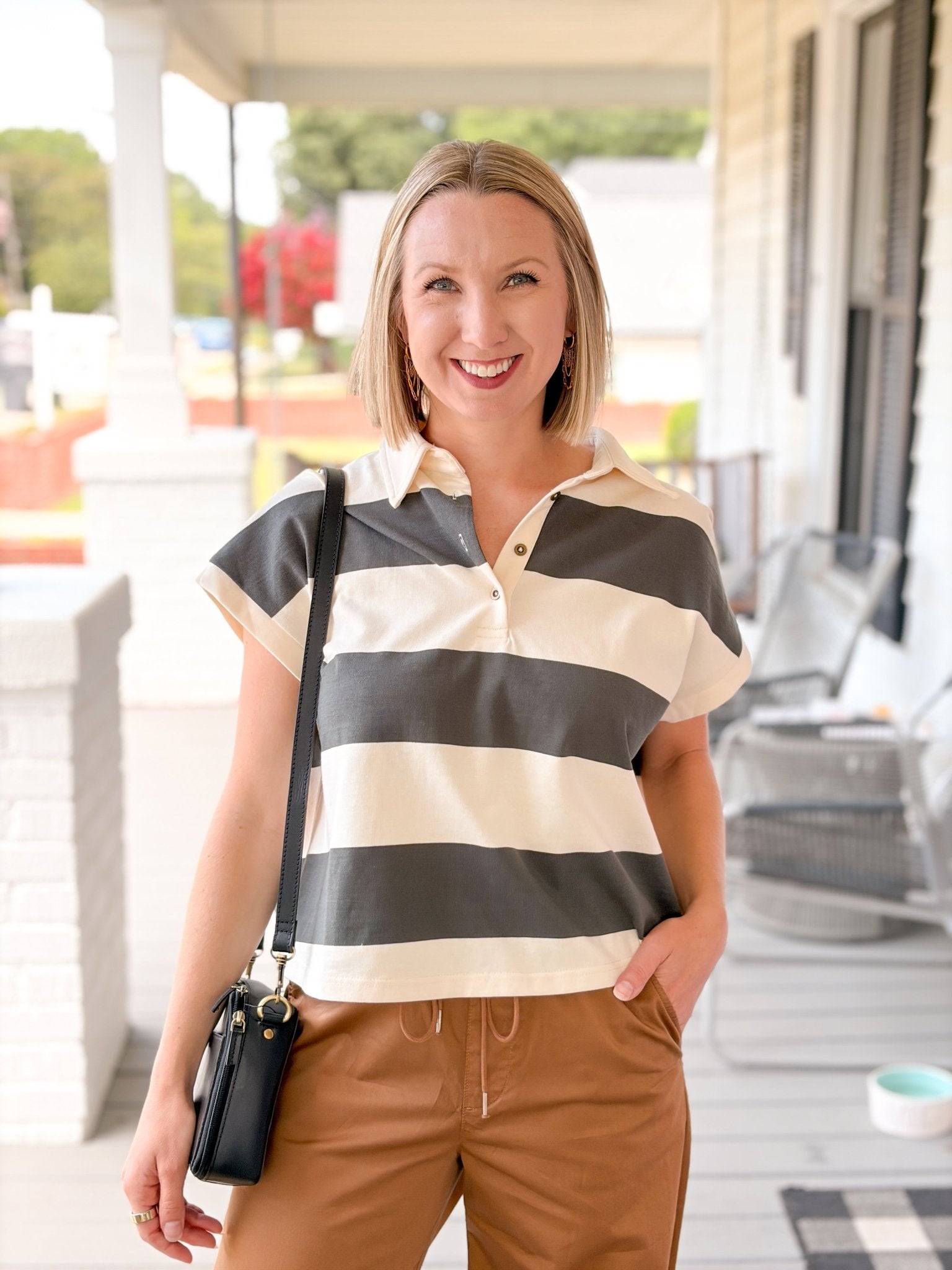 Rose & Lee Co Kelsey Top, Green/Beige Stripe short sleeve