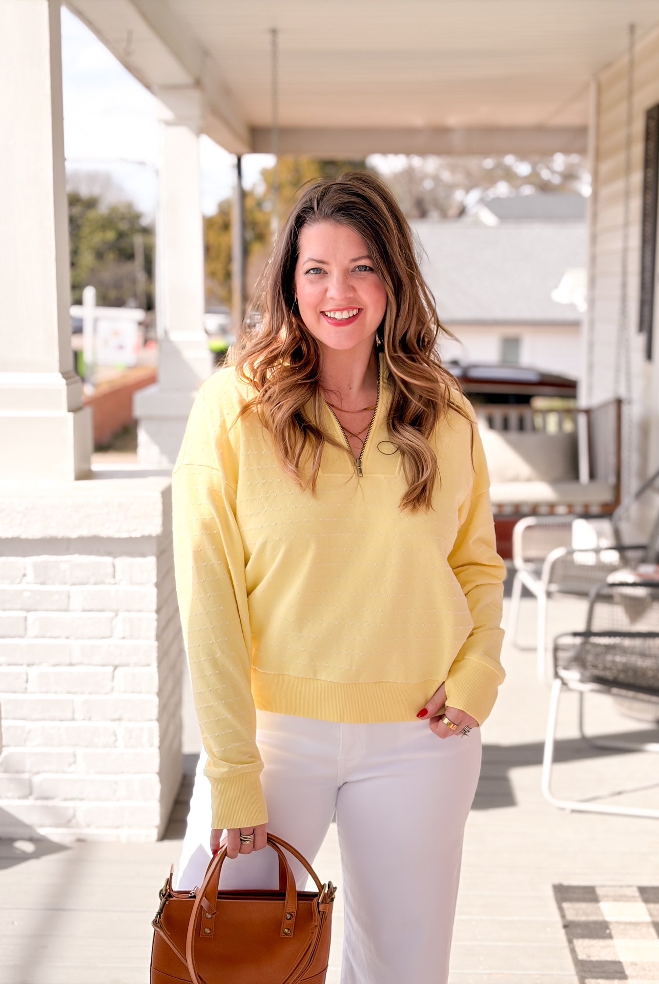 yellow pullover, quarter zip, with small ecru dots