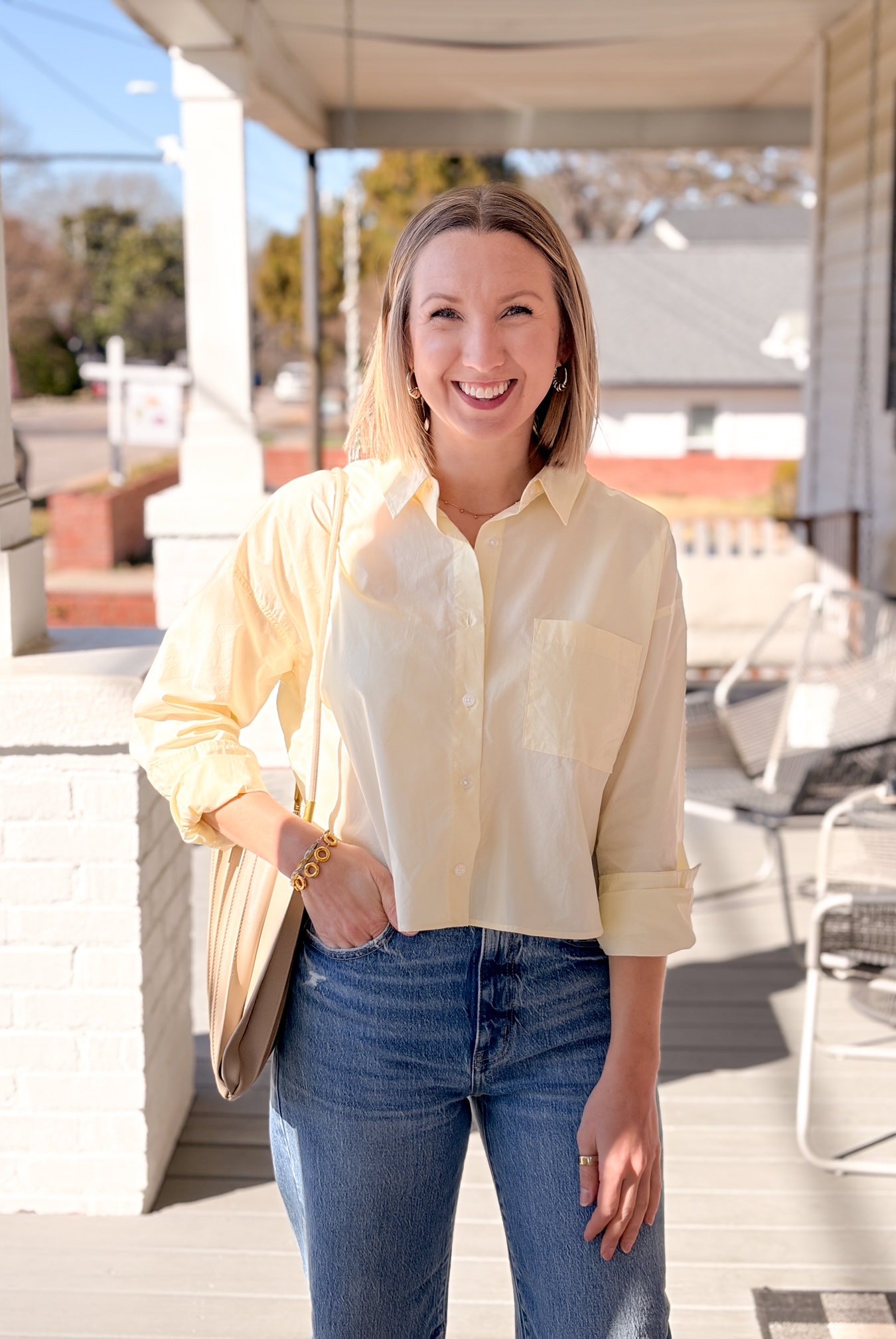 Light Yellow Long Sleeve Collared V-Neck Top
