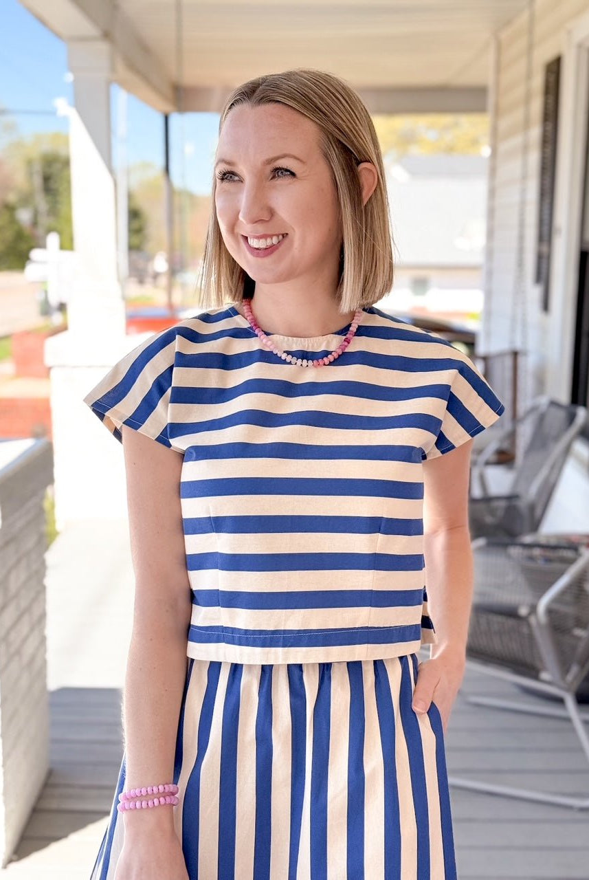 Rose & Lee Co Mallory Top, Blue Stripe short sleeve