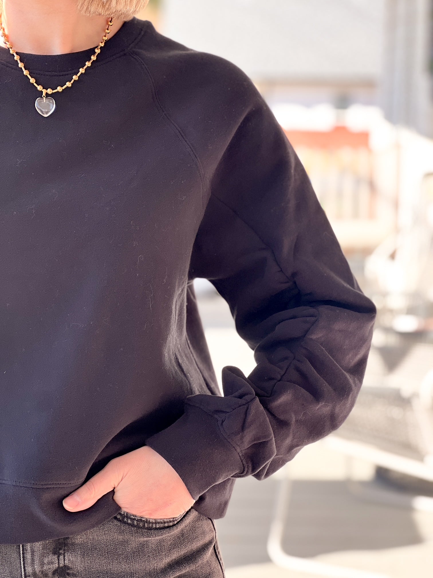 Black Shirred Sleeves Sweatshirt