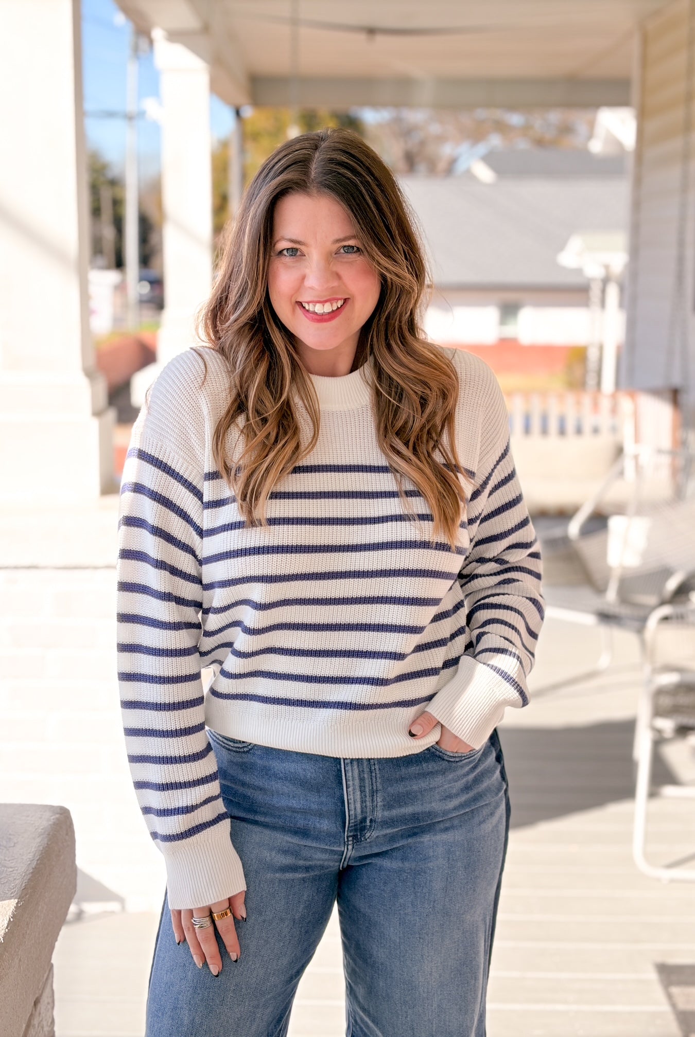 ivory sweater with blue stripes