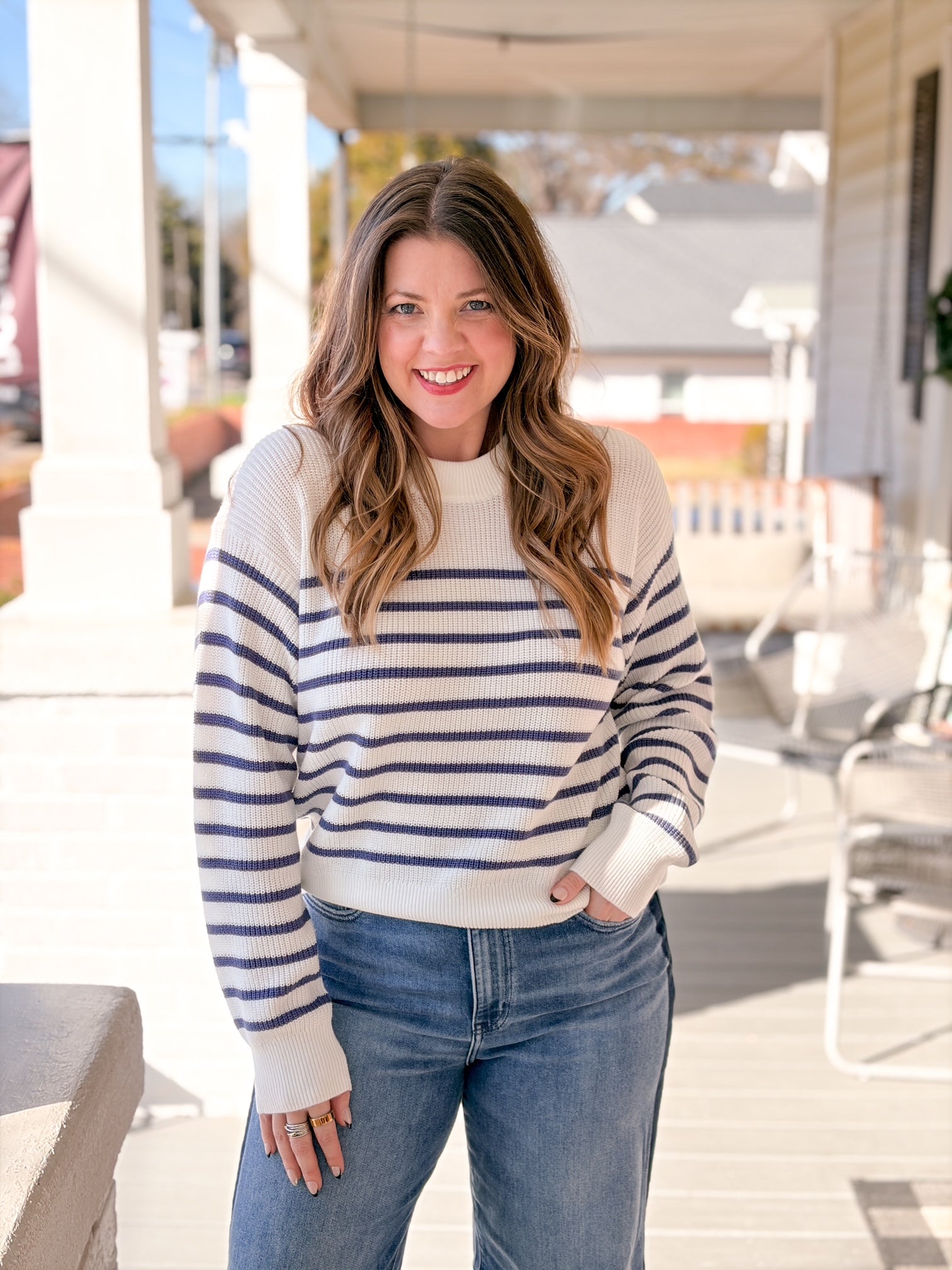 ivory sweater with blue stripes