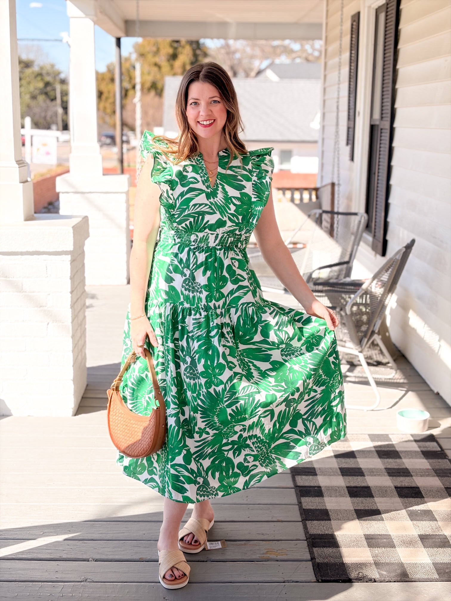 Green & White Tropical Print Smocked Midi Dress
