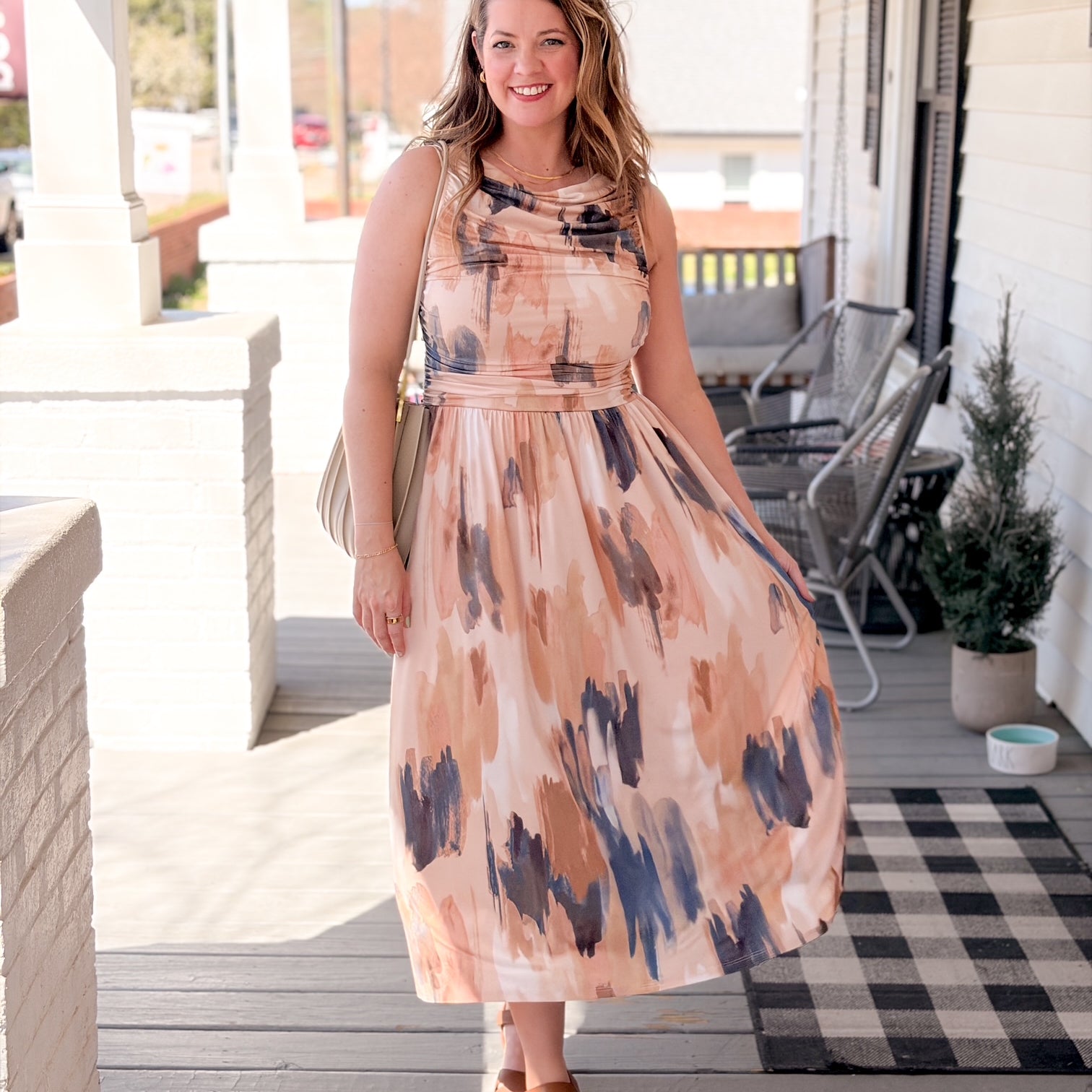 Blue/Taupe Abstract Sleeveless Midi Dress