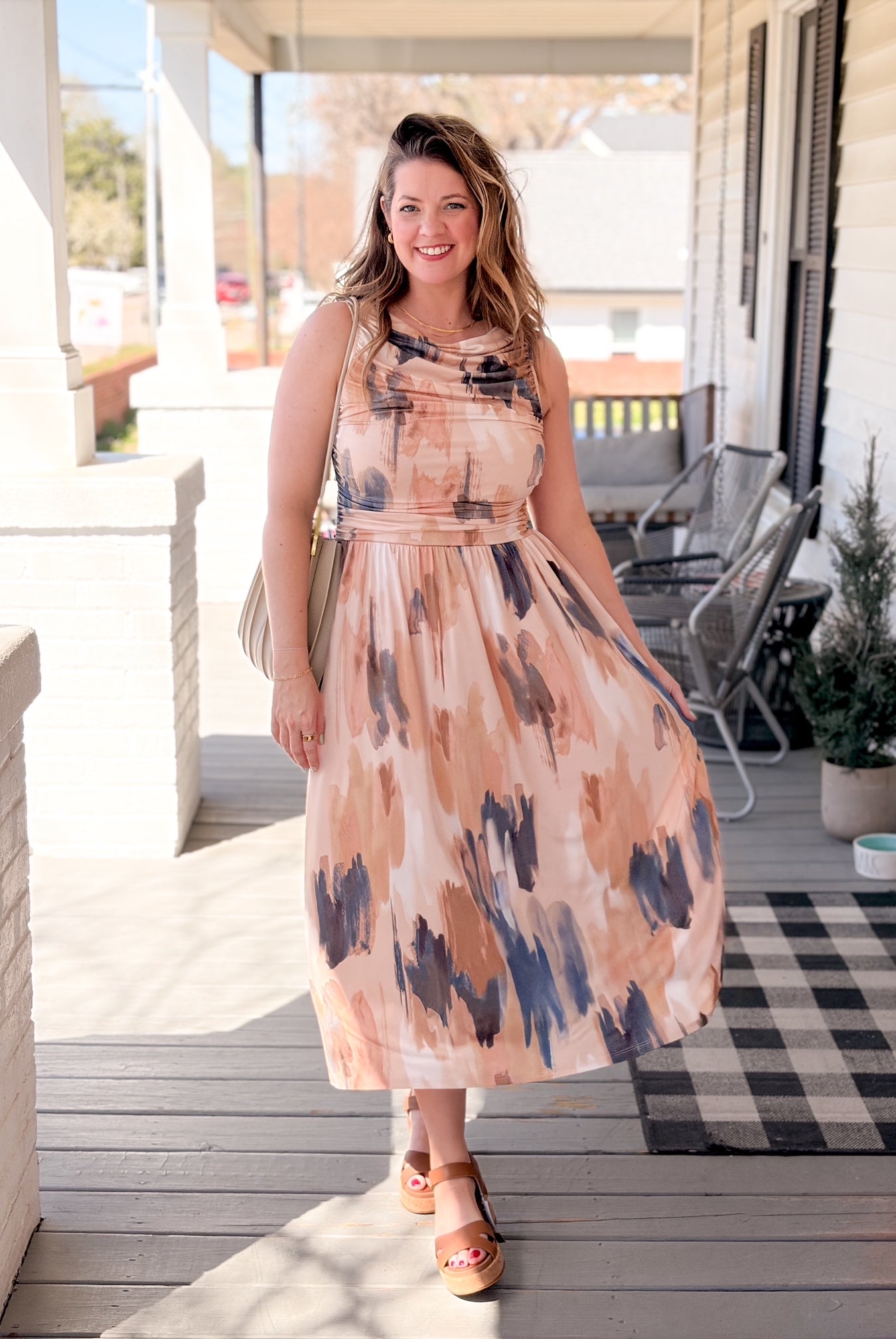 Blue/Taupe Abstract Sleeveless Midi Dress