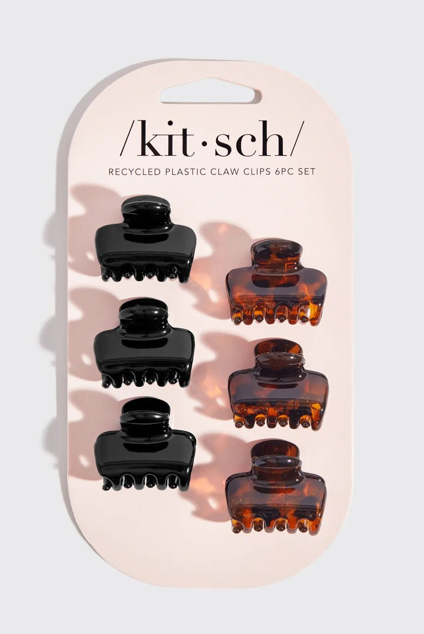 Rose & Lee Co Recycled Plastic Mini Puffy Claw Clips 6pc Set, Black/Tortoise Hair