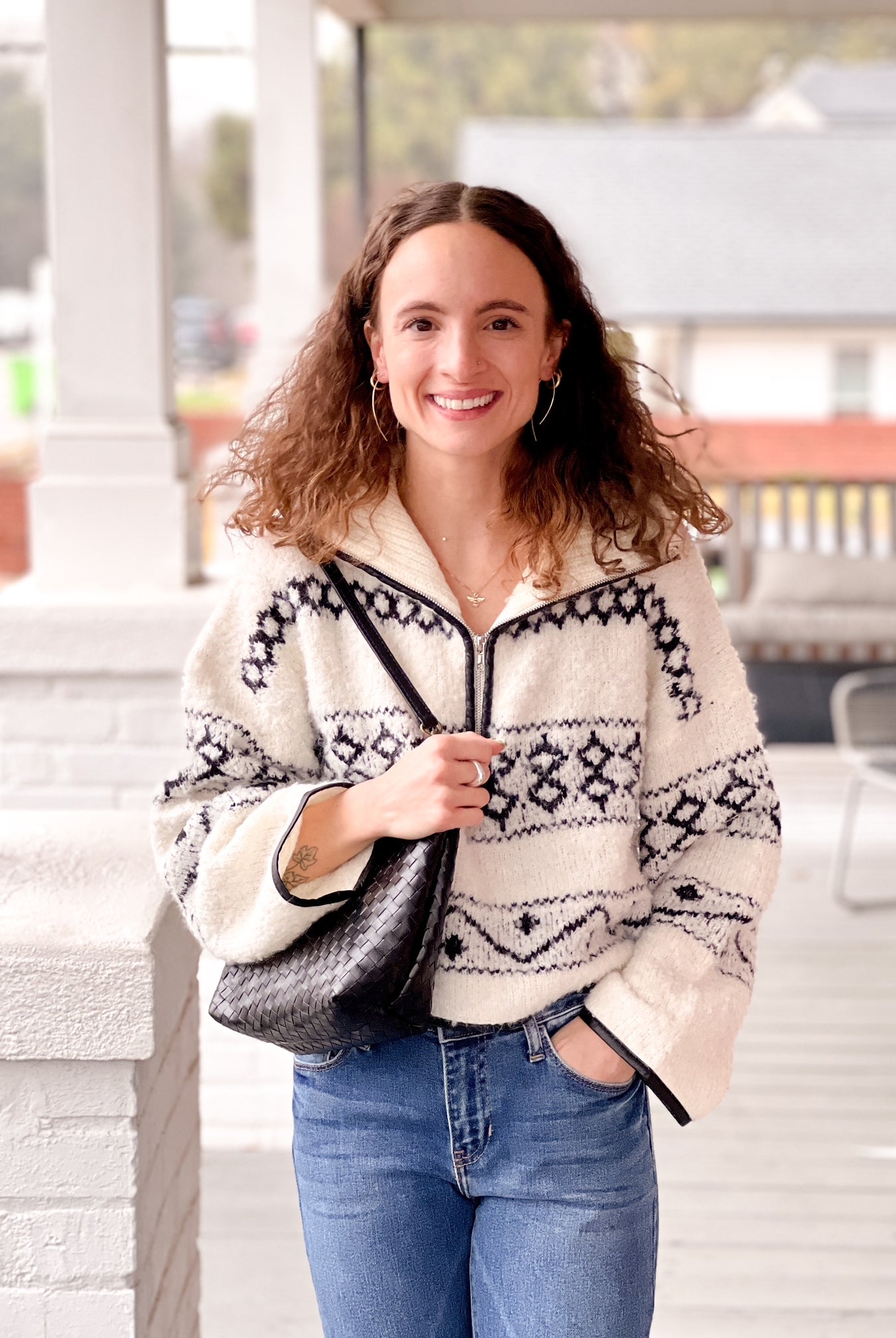 ivory half zip with aztec detailing