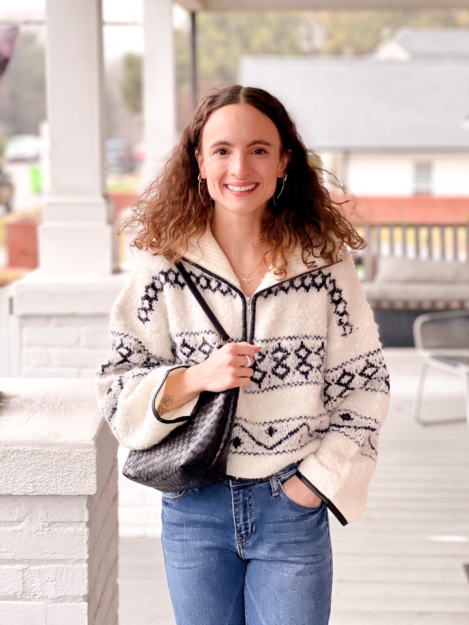 ivory half zip with aztec detailing