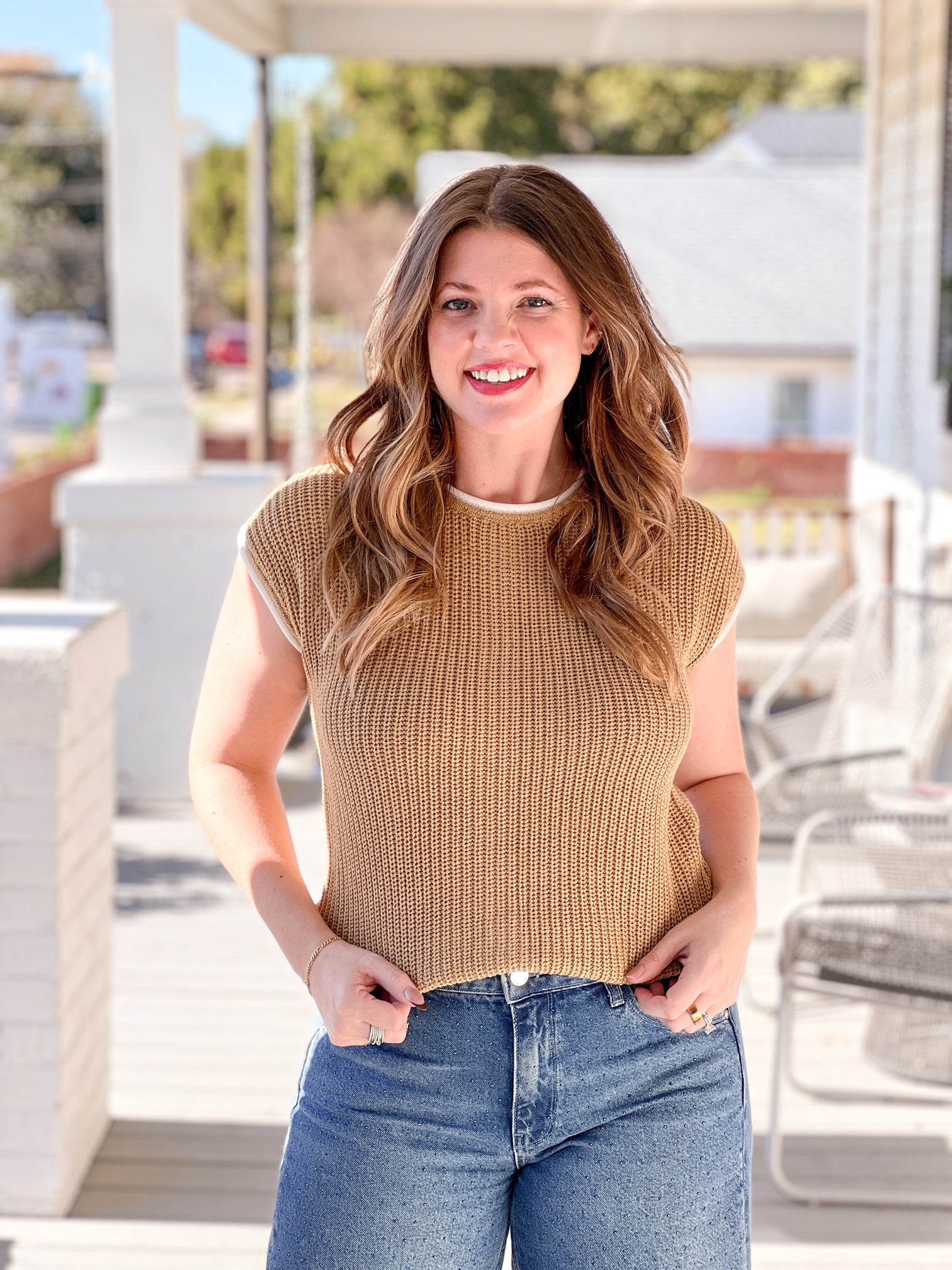 tan short sleeve sweater top