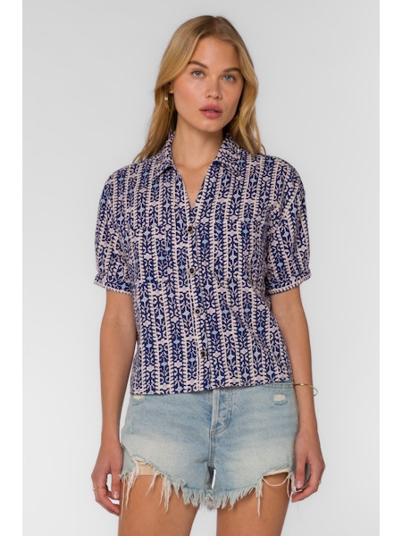Navy Geometric Print Short Sleeve Blouse Top with Buttons.