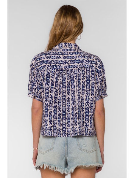 Navy Geometric Print Short Sleeve Blouse Top with Buttons.