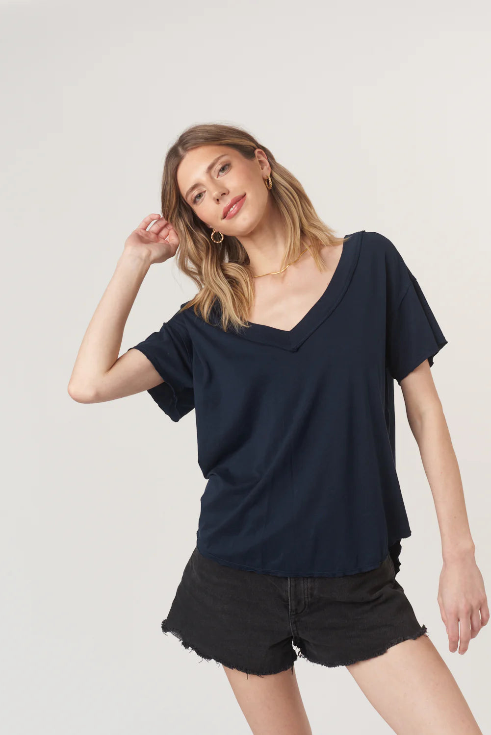 Navy Blue Short Sleeve Top with a V-Neckline