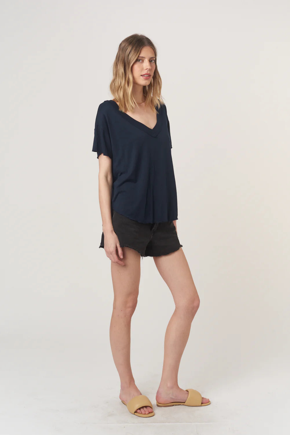 Navy Blue Short Sleeve Top with a V-Neckline