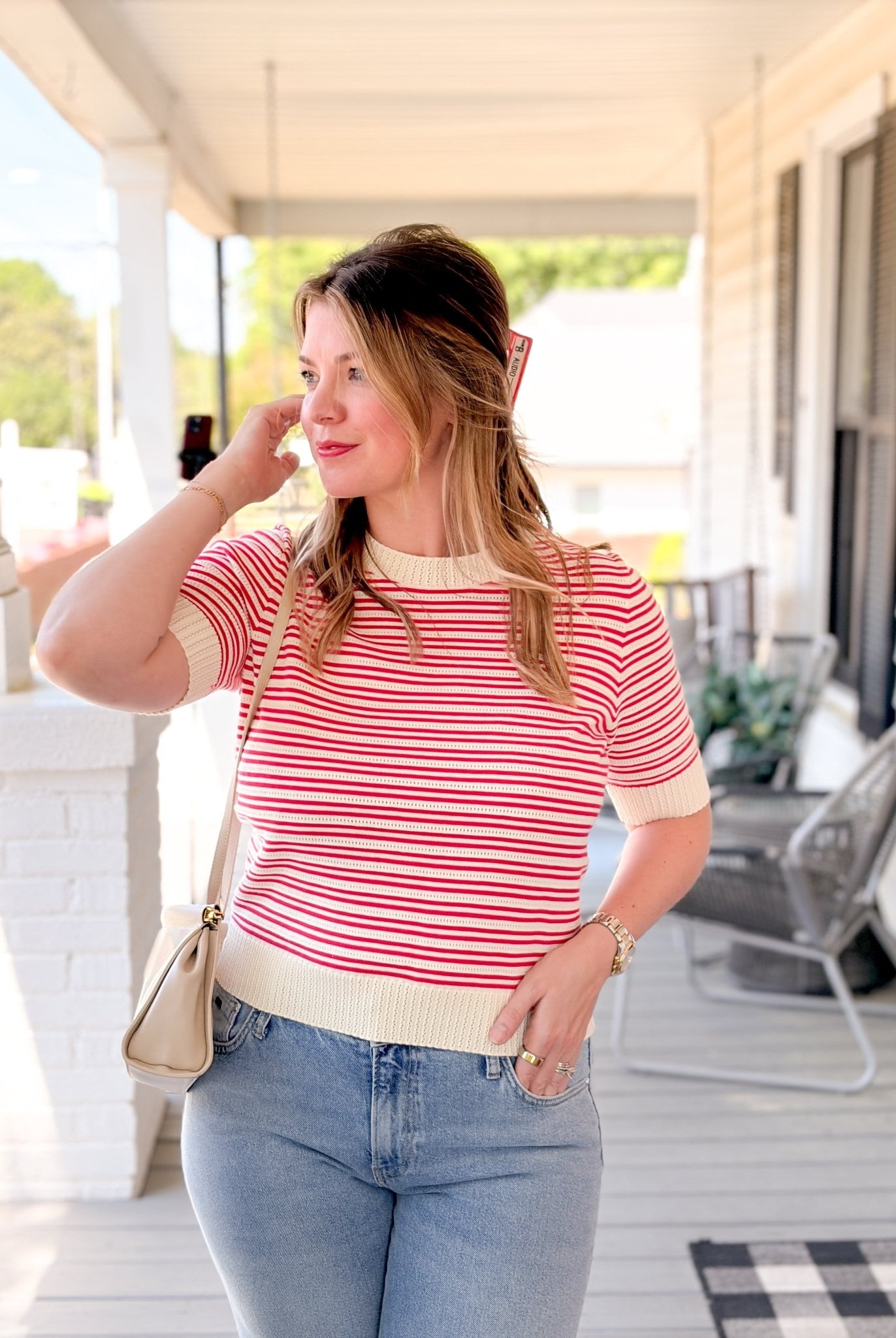 Rose & Lee Co Norine Top, Vanilla Ice/Pink Stripe short sleeve