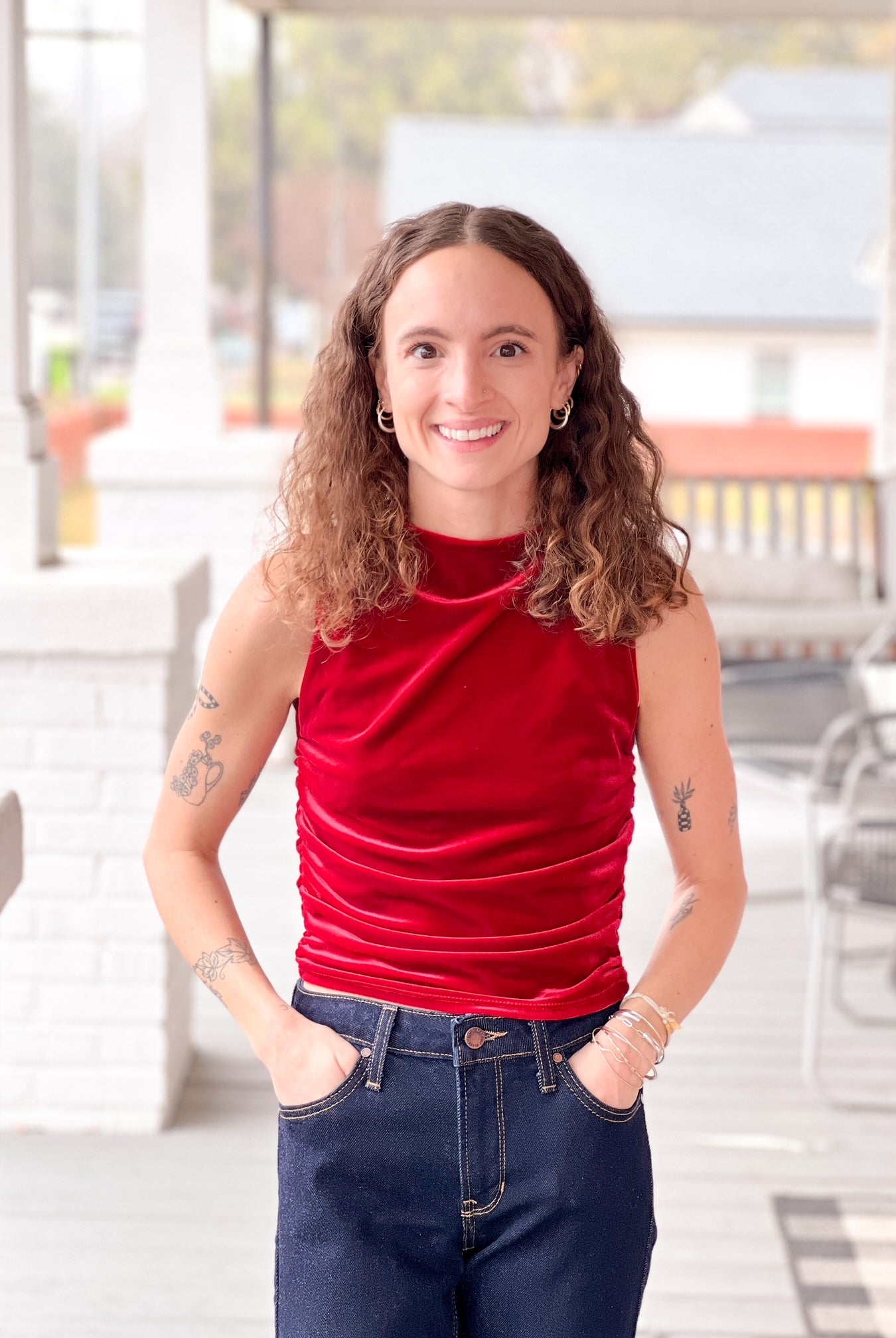 red velvet tank with rouched sides