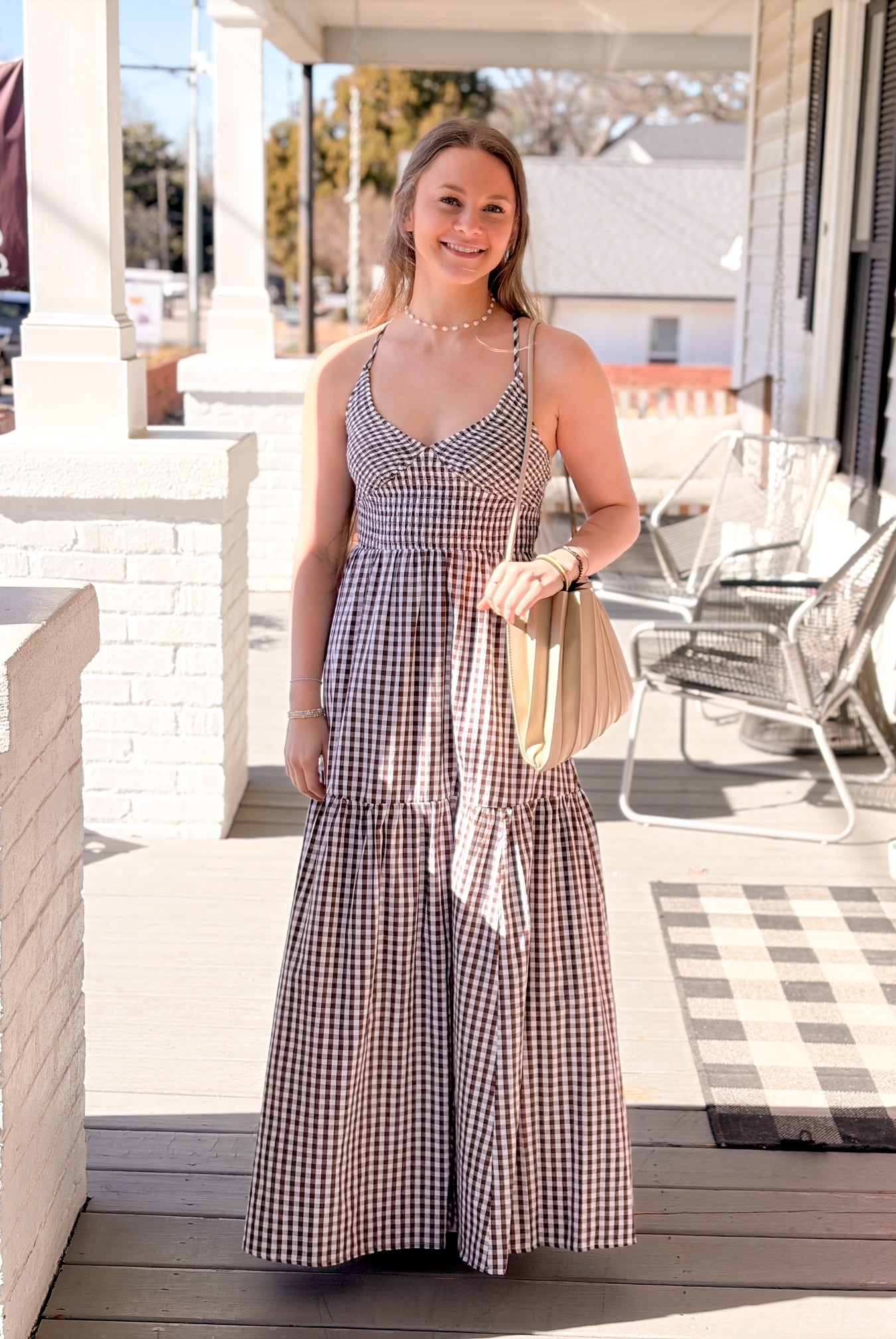 Brown Gingham Printed Maxi Dress
