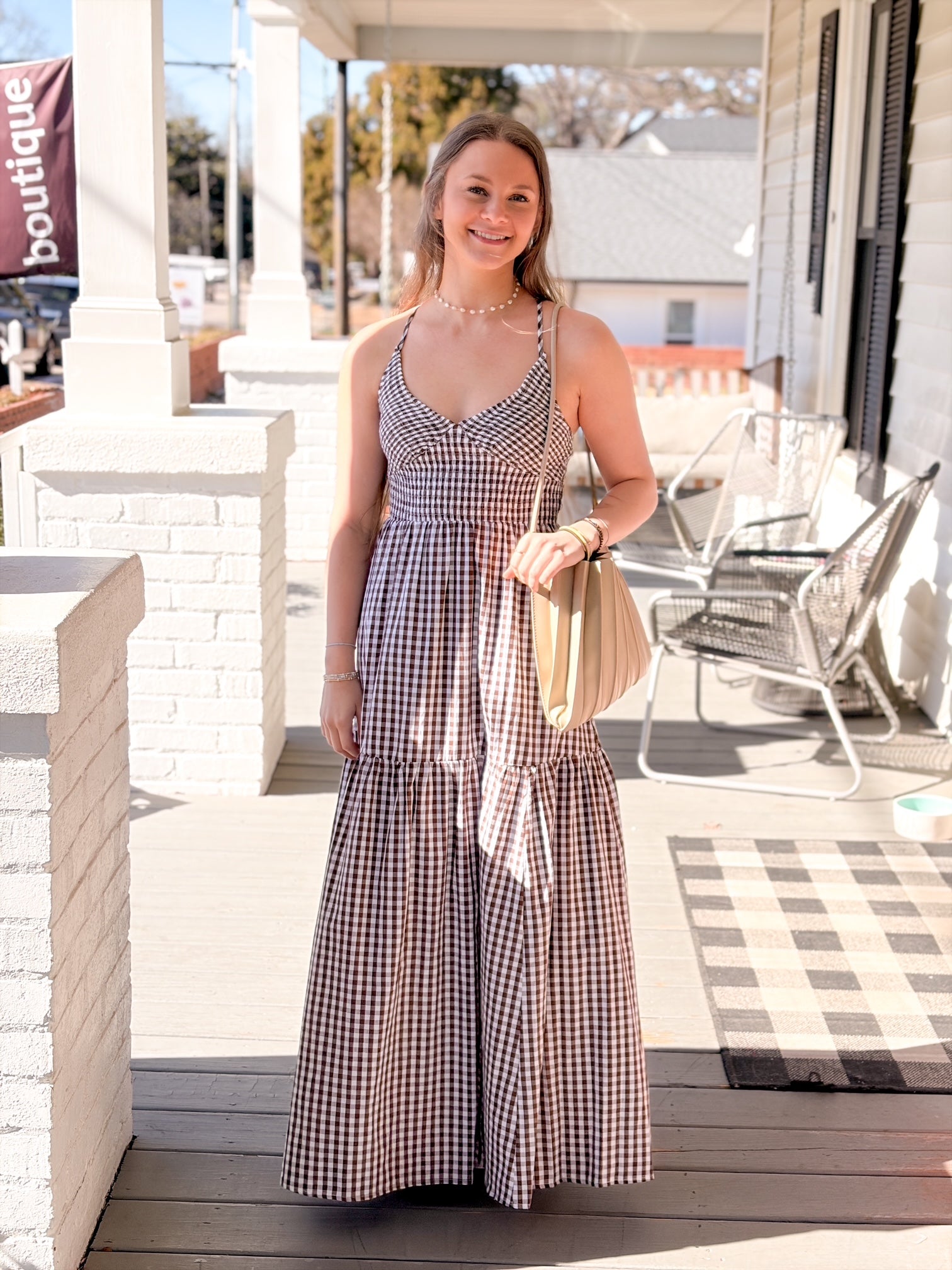 Brown Gingham Printed Maxi Dress