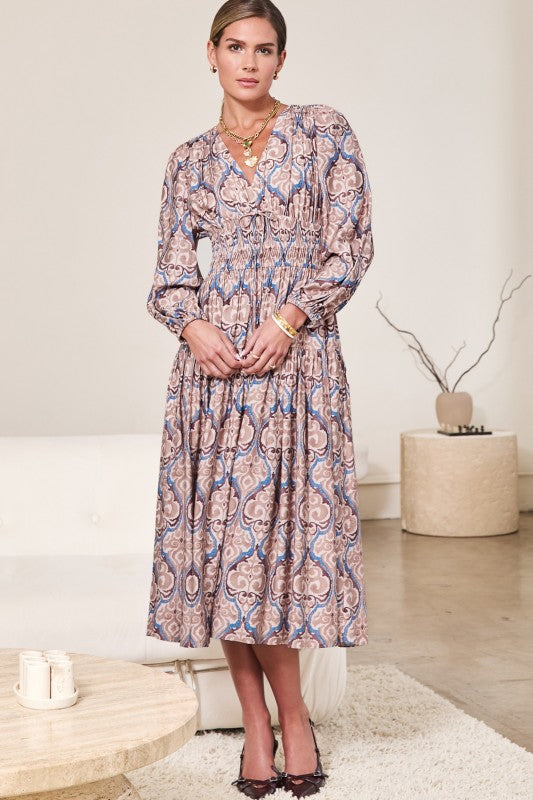 Mauve/Brown Multi Paisley Printed Midi Dress