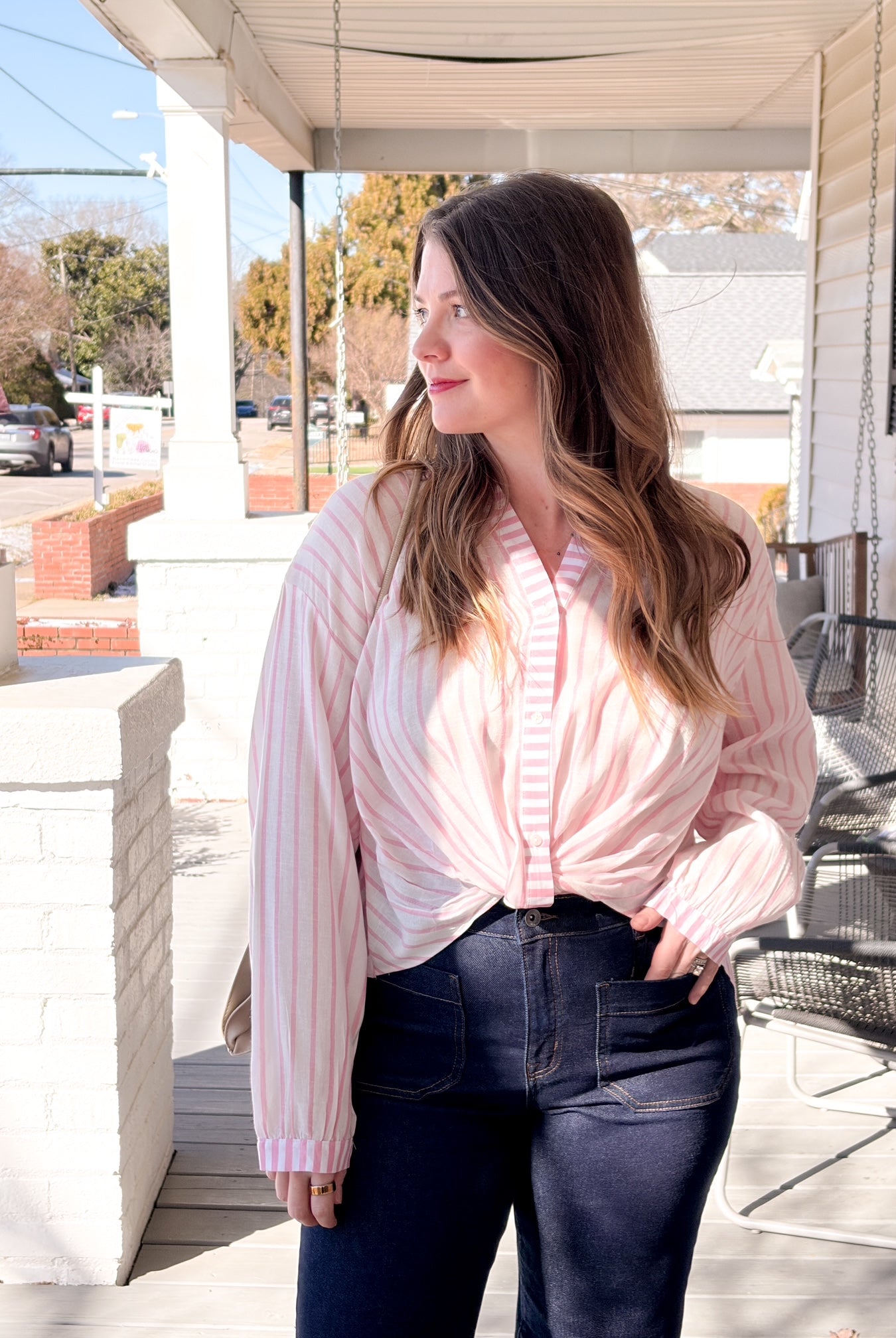 white and pink stripe button up top