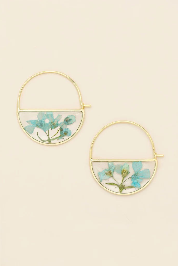 Rose & Lee Co Pressed Flower Hoops, Blue Baby's Breath/Gold Earrings