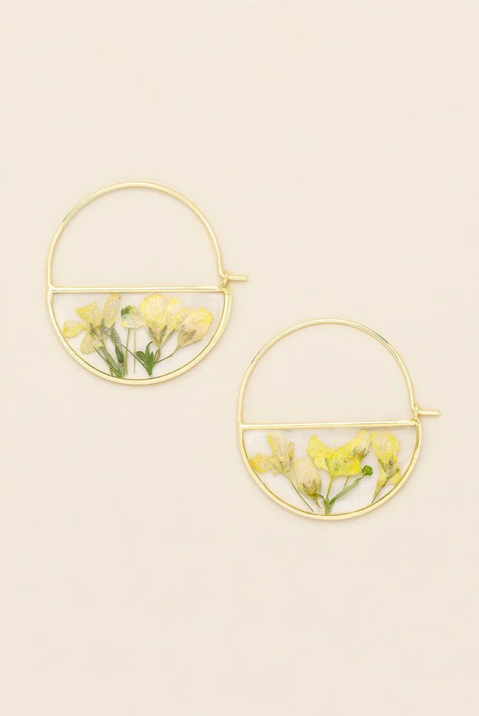 Rose & Lee Co Pressed Flower Hoops, Yellow Baby's Breath/Gold Earrings