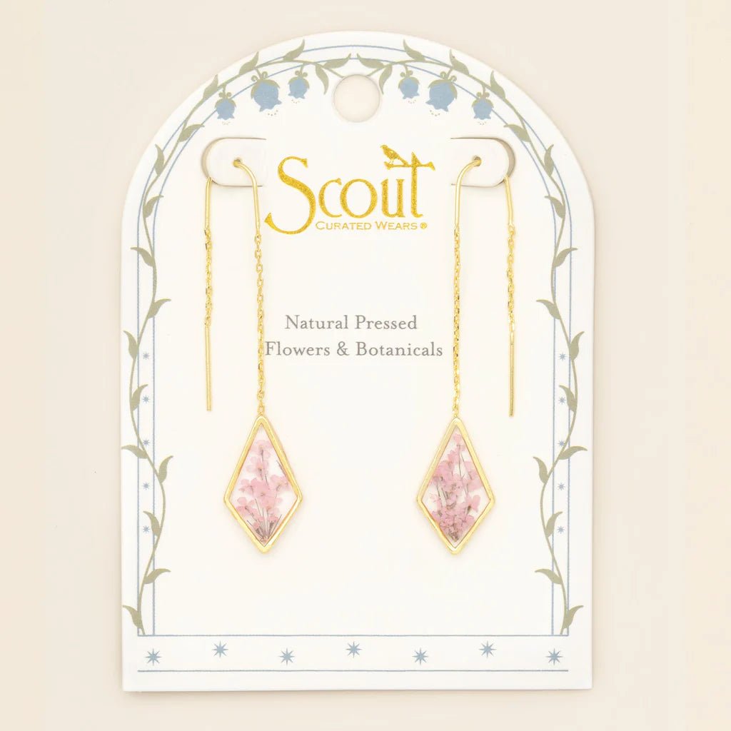 Rose & Lee Co Pressed Flower Thread Earrings, Pink Lace Flower/Gold Earrings