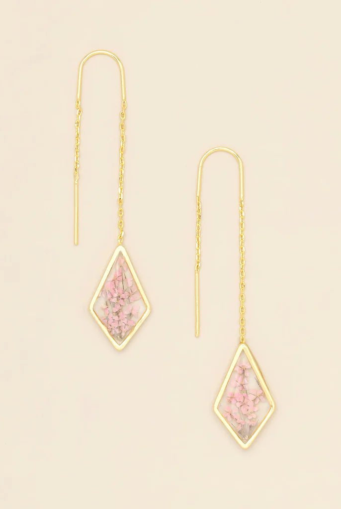 Rose & Lee Co Pressed Flower Thread Earrings, Pink Lace Flower/Gold Earrings