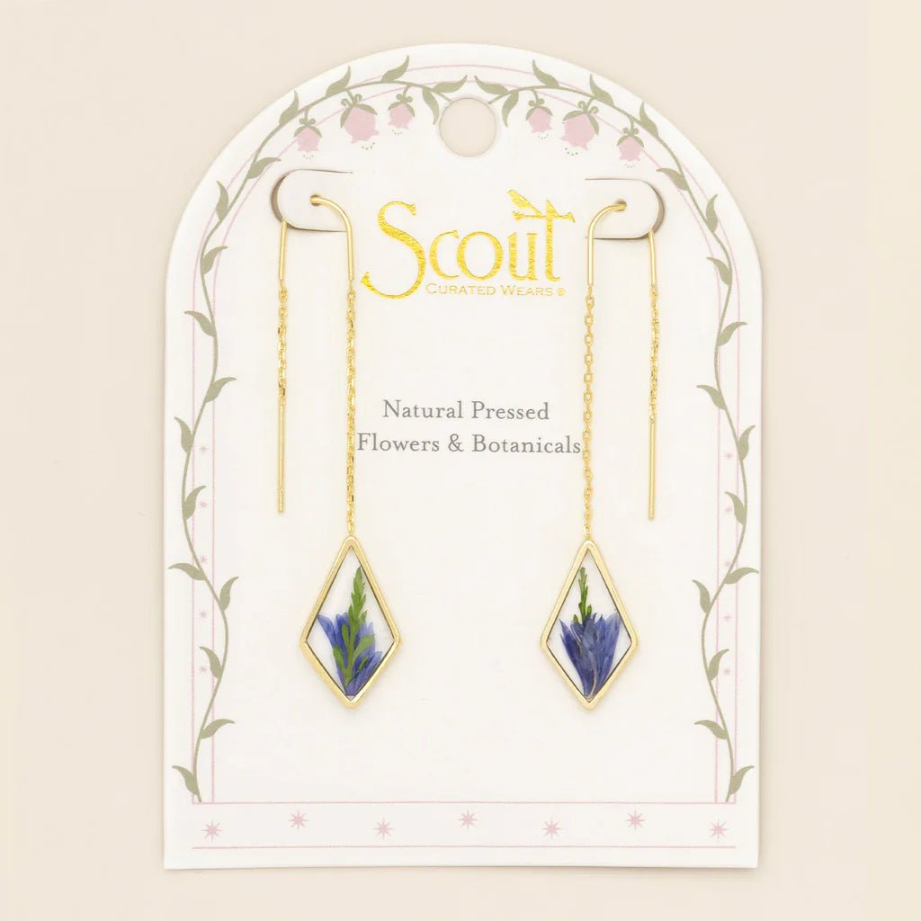 Rose & Lee Co Pressed Flower Thread Earrings, Purple Cornflower/Gold Earrings