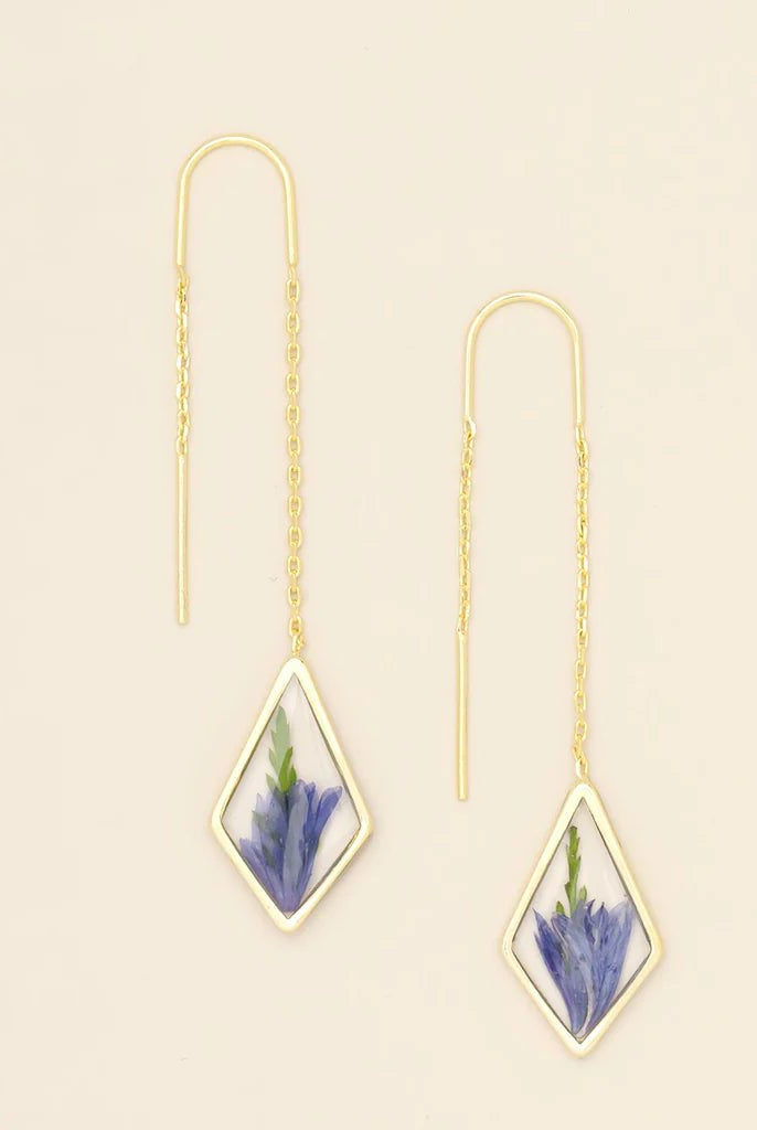 Rose & Lee Co Pressed Flower Thread Earrings, Purple Cornflower/Gold Earrings