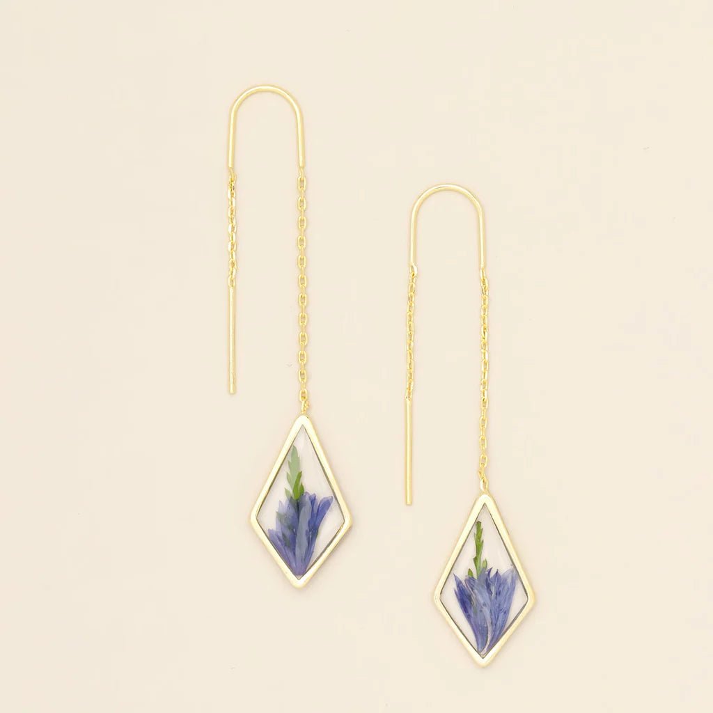Rose & Lee Co Pressed Flower Thread Earrings, Purple Cornflower/Gold Earrings