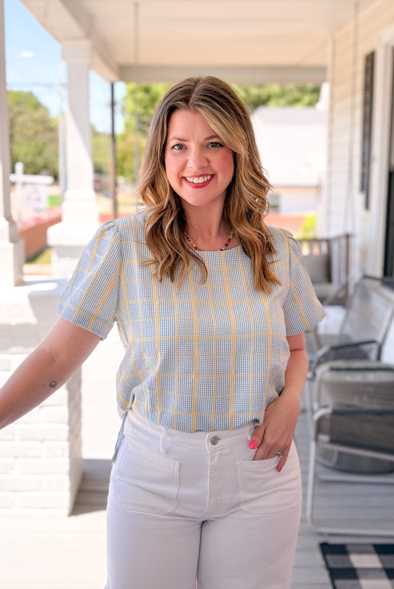 Rose & Lee Co Rayne Top, Blue/Yellow Plaid Work Tops