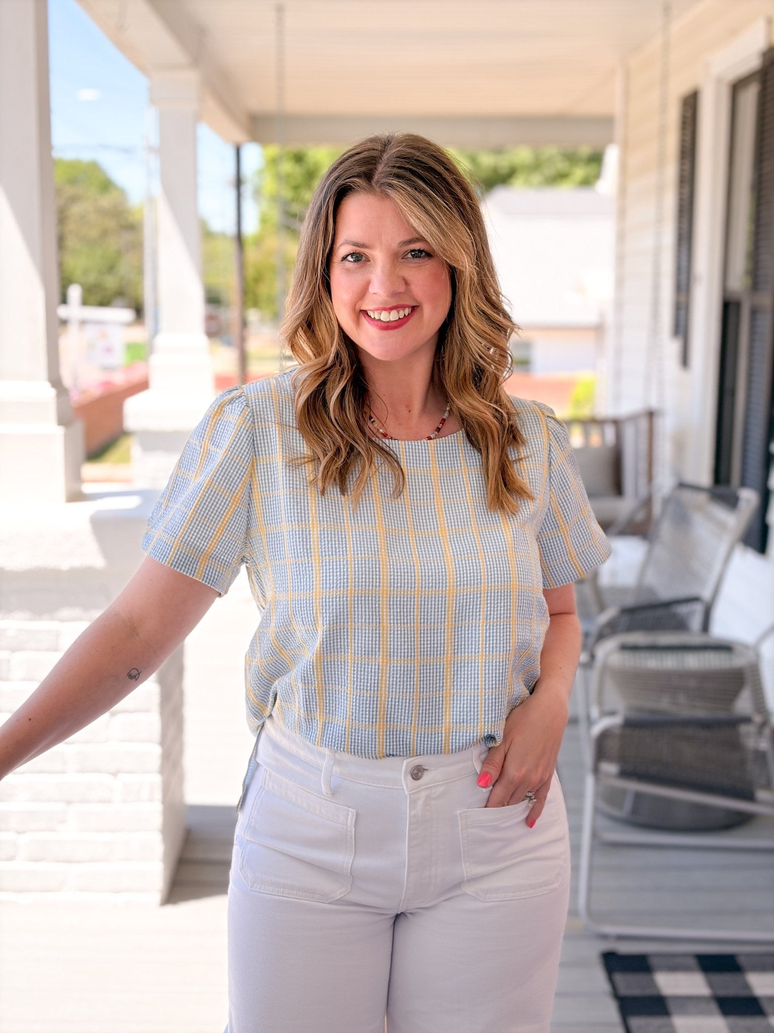 Rose & Lee Co Rayne Top, Blue/Yellow Plaid Work Tops