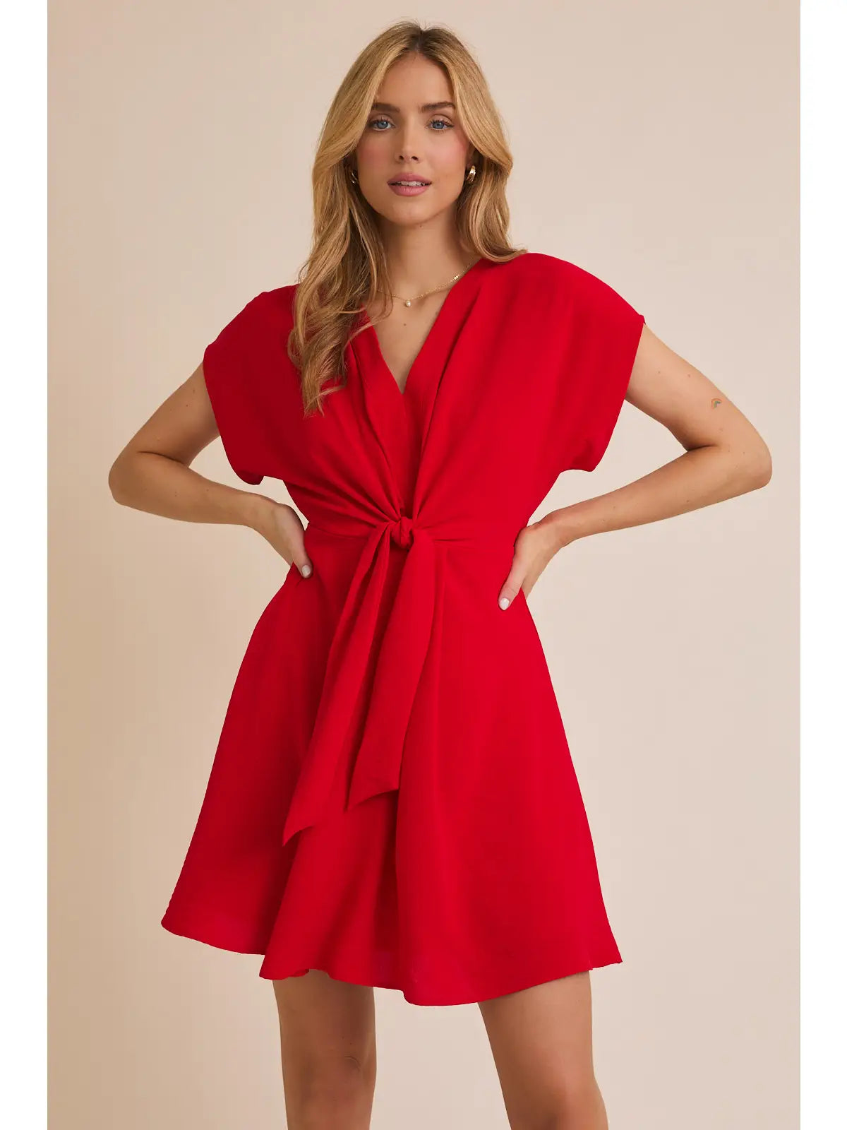 Red V-Neck Front Tie Short Sleeve Dress