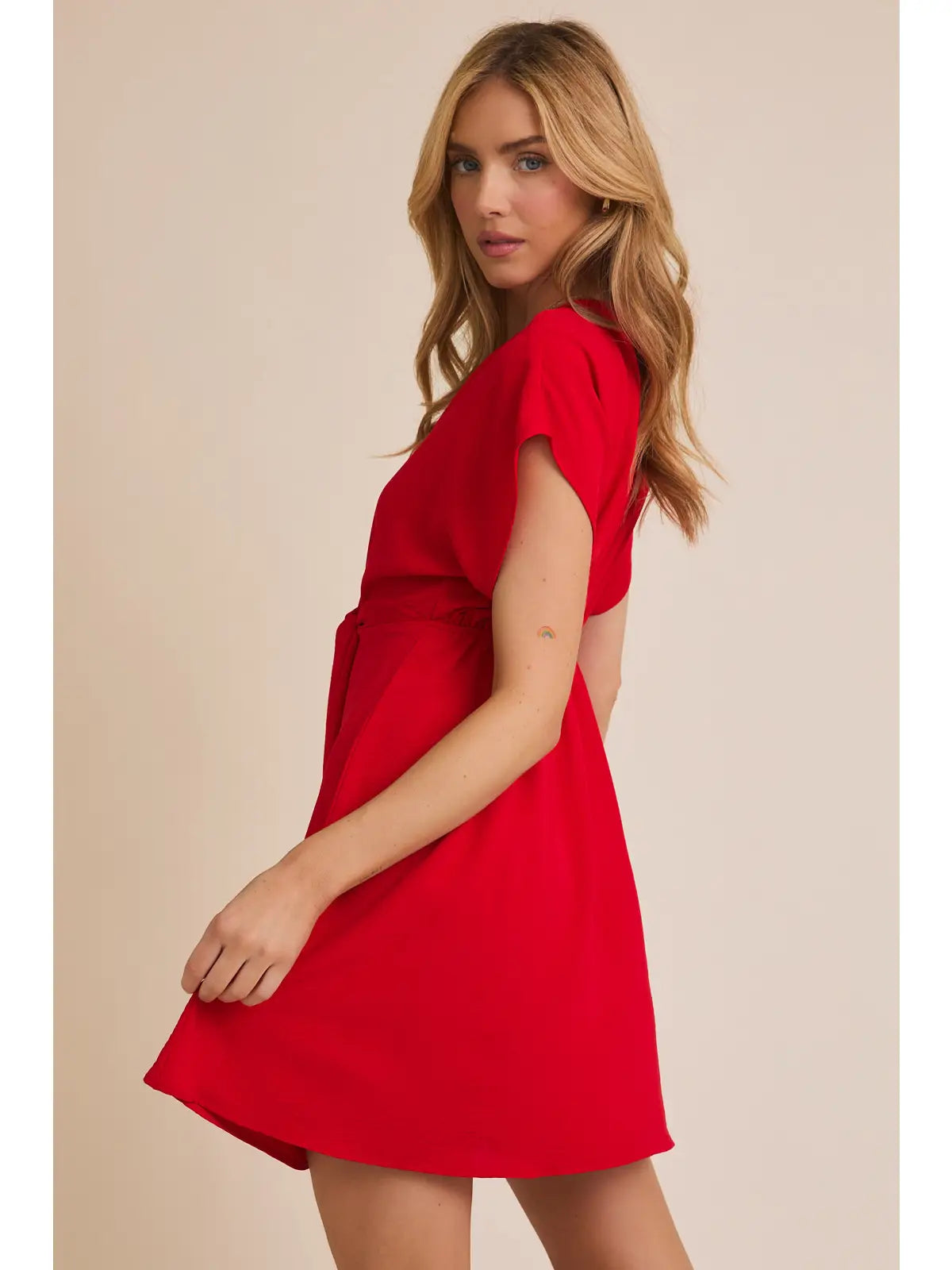 Red V-Neck Front Tie Short Sleeve Dress