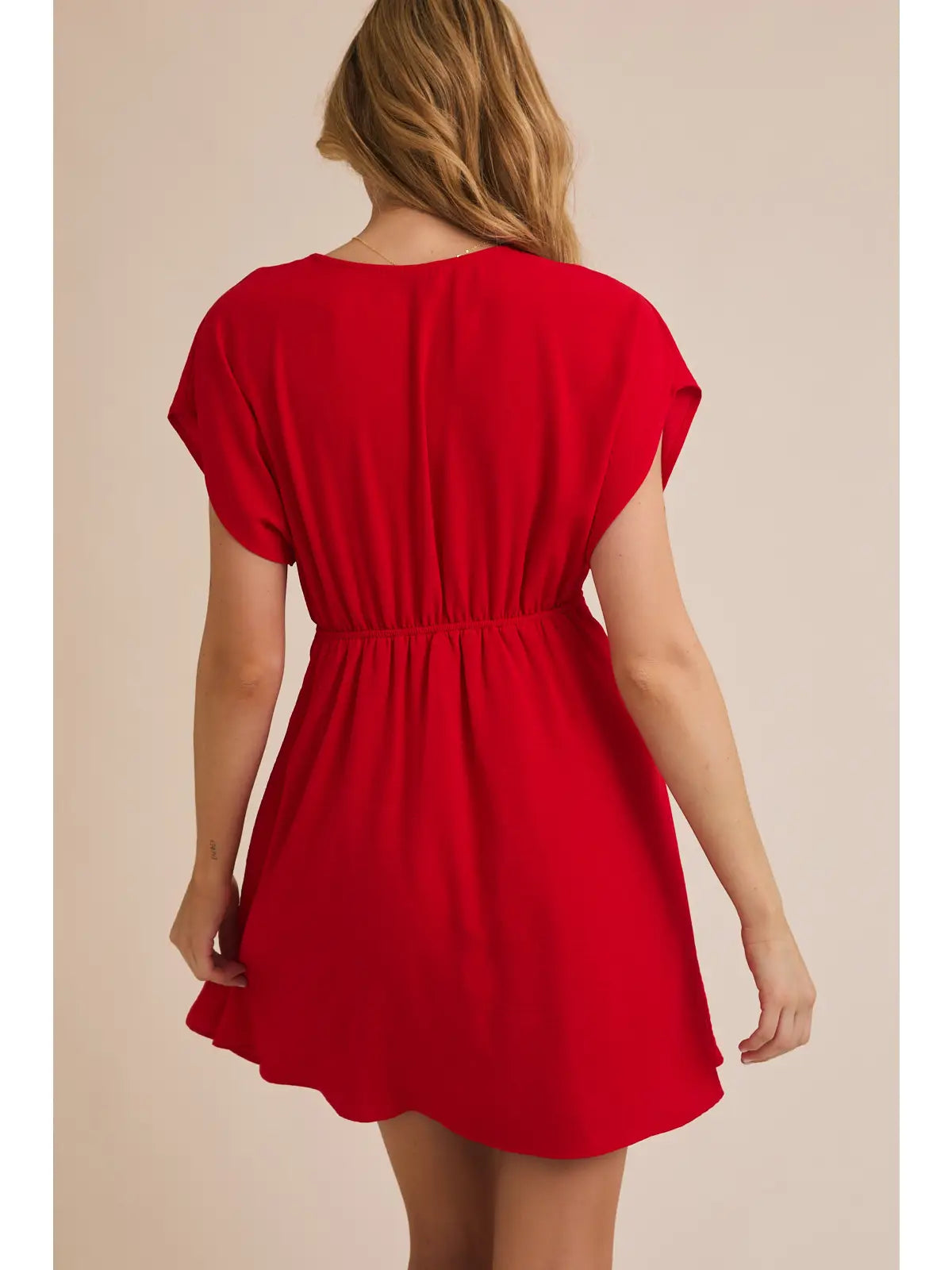 Red V-Neck Front Tie Short Sleeve Dress