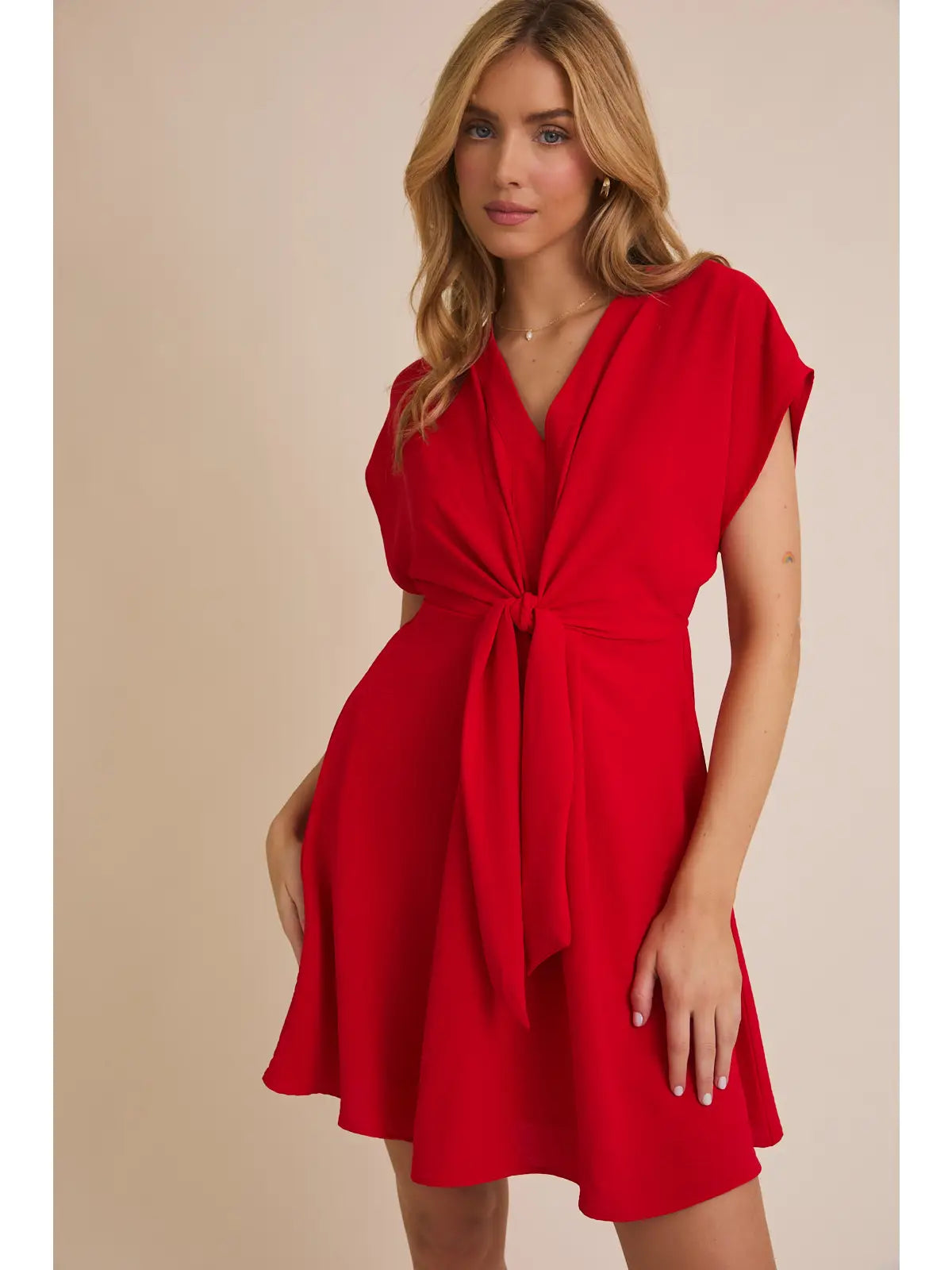 Red V-Neck Front Tie Short Sleeve Dress