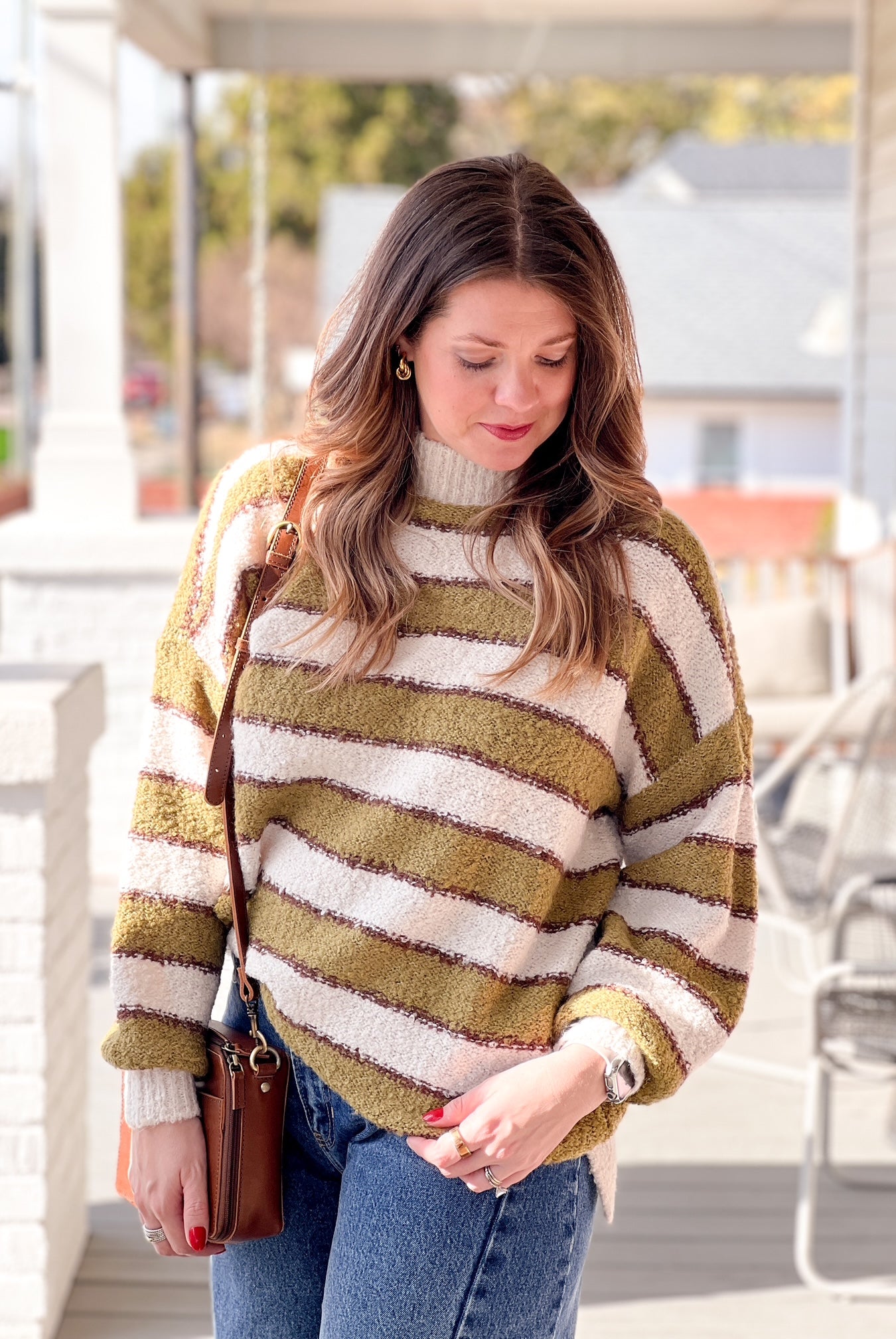 Green/White/Brown Striped Mock Neck Sweater