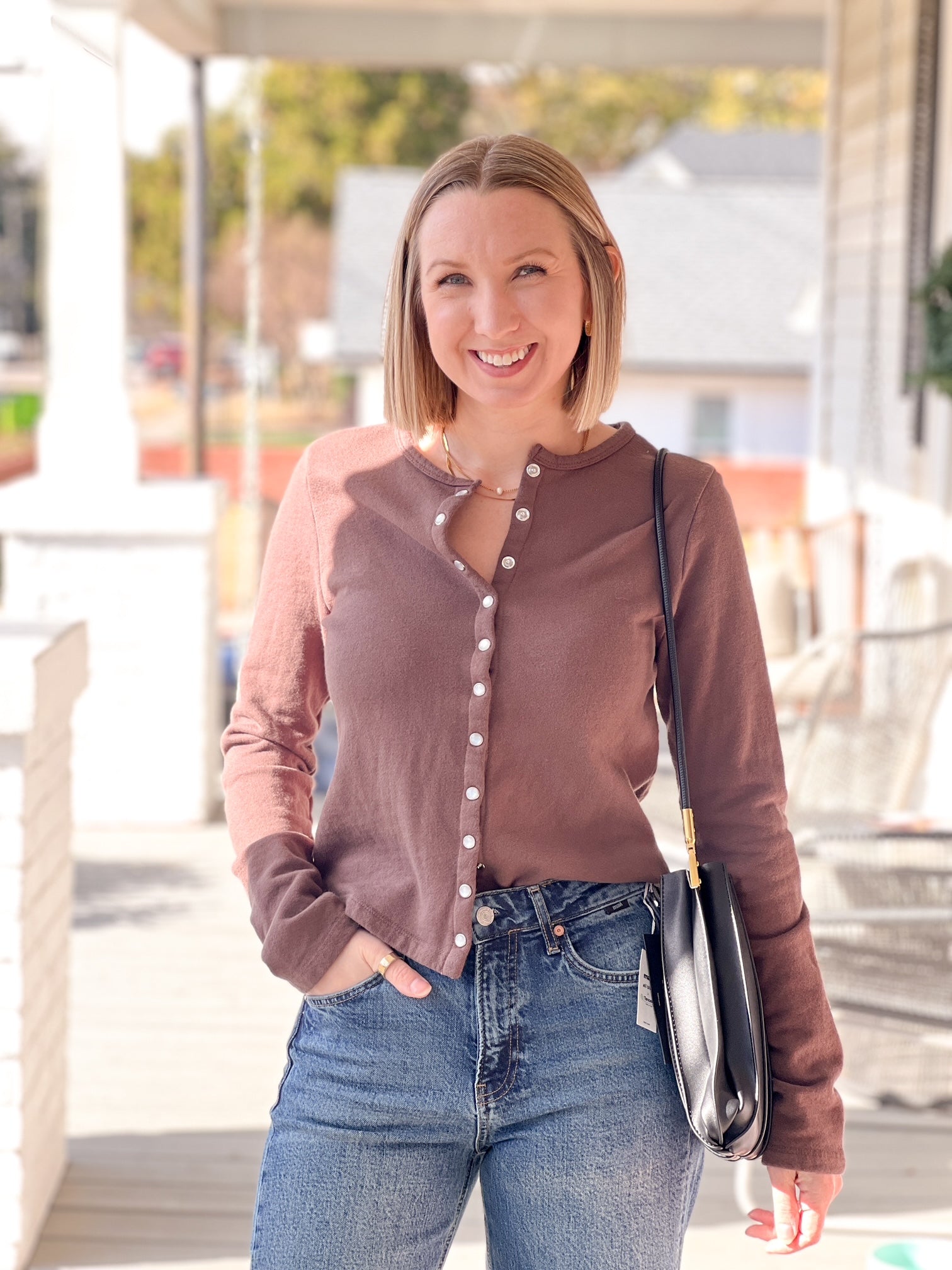 brown cardigan with button up front