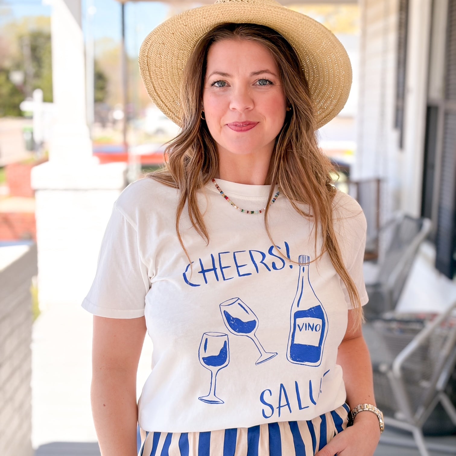 Ivory Tee with Blue Graphic Print Detailing