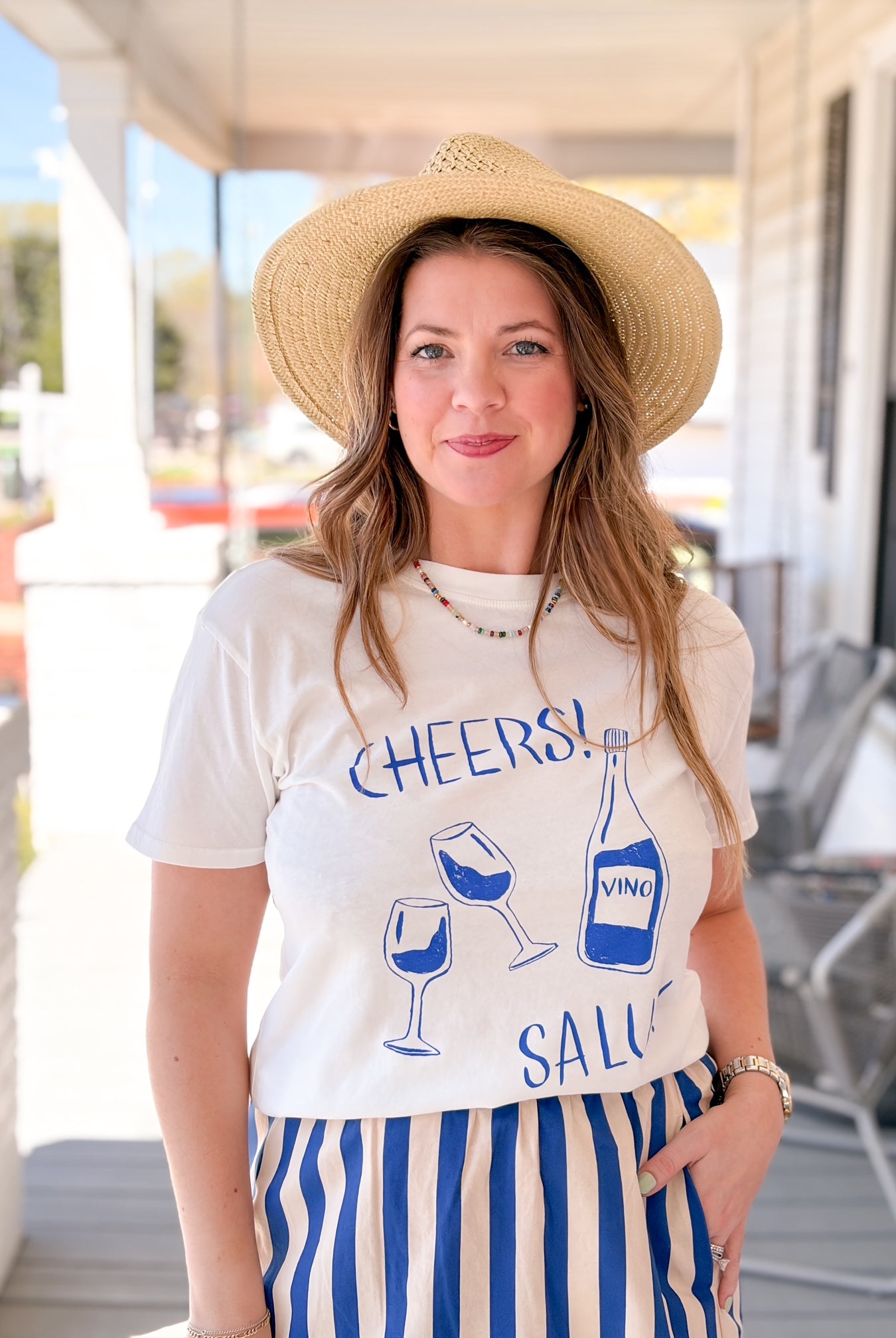 Ivory Tee with Blue Graphic Print Detailing