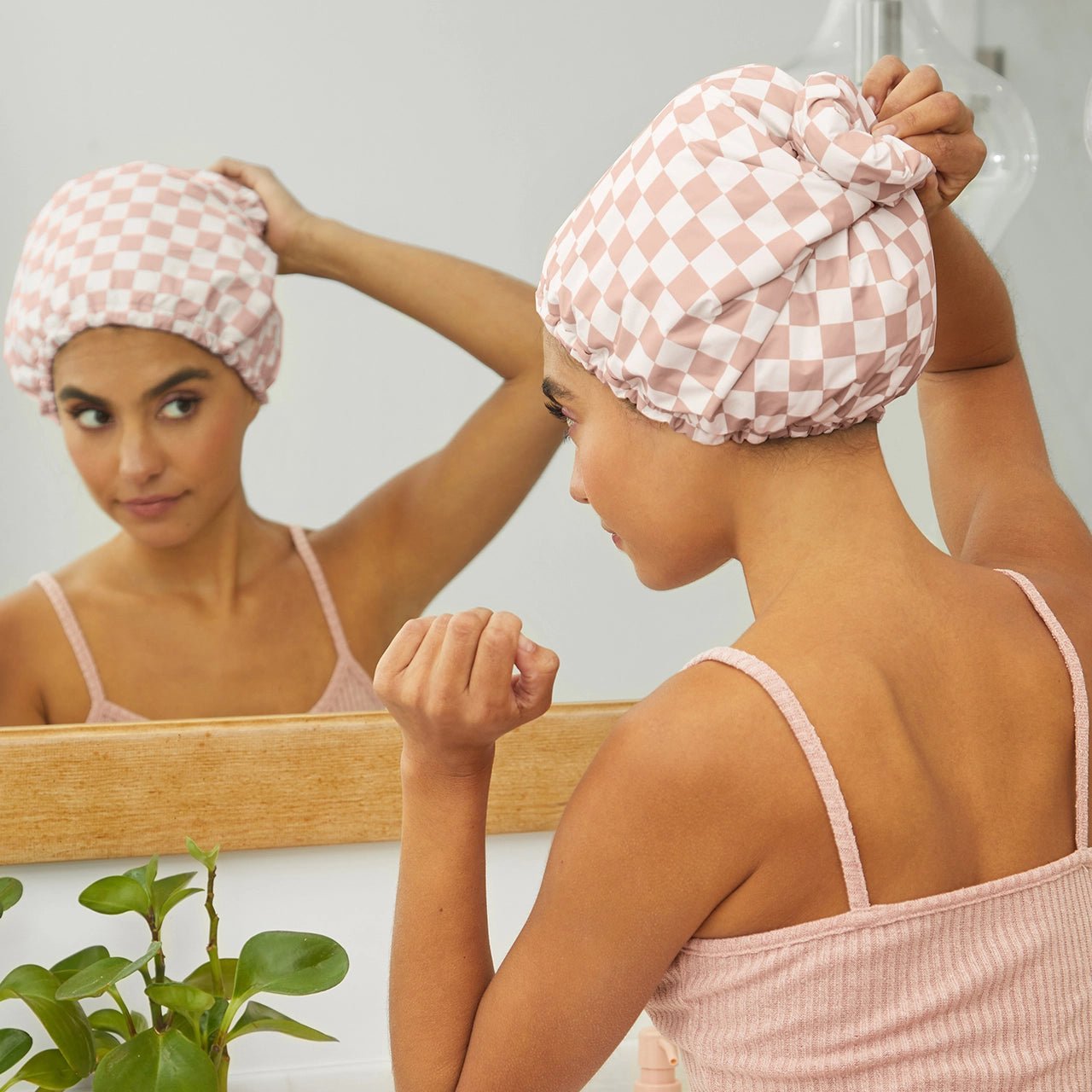 Rose & Lee Co Satin Lined Flexi Shower Cap, Terracotta Checker Hair