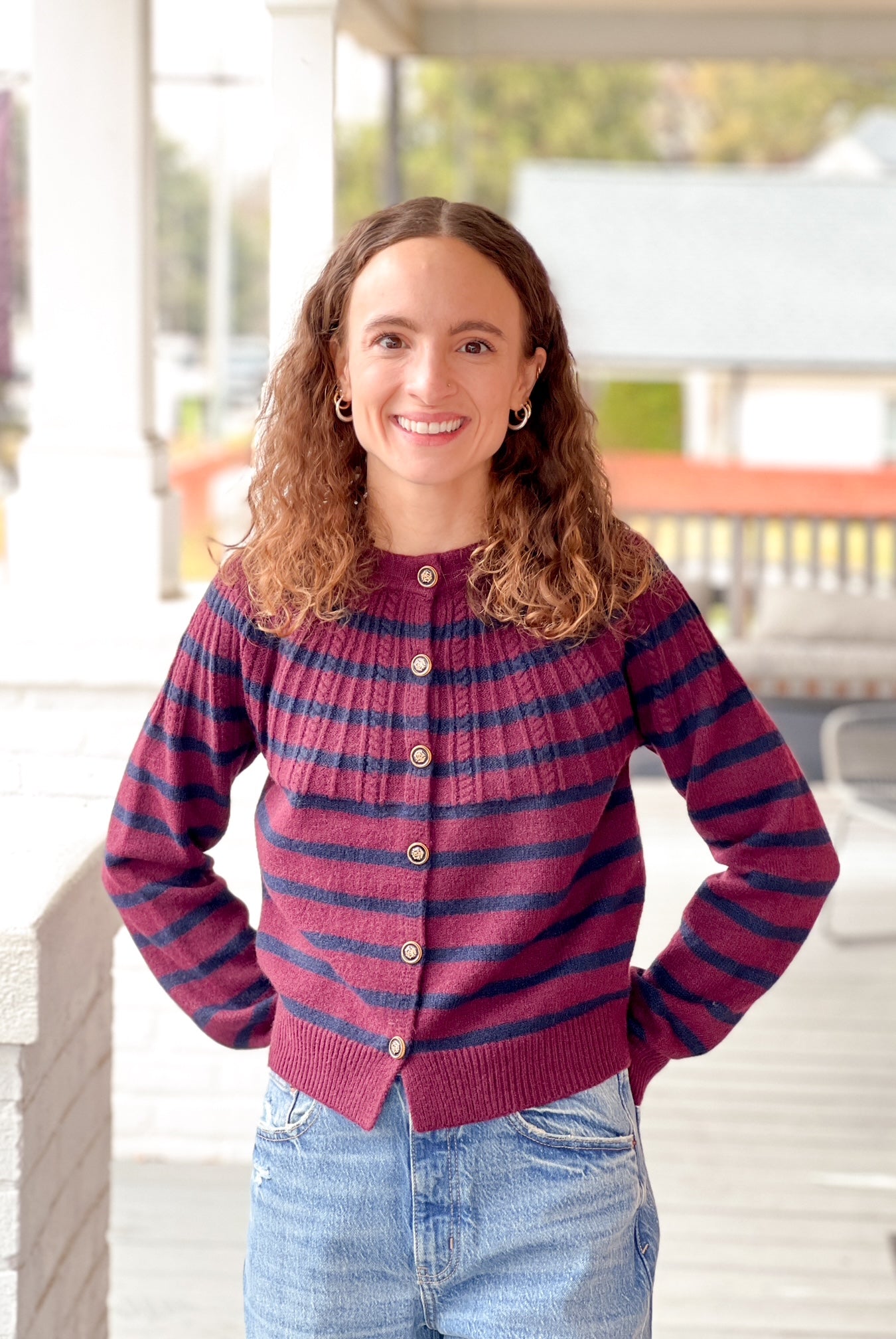 Navy/Burgundy Striped Cardigan with Novelty Buttons
