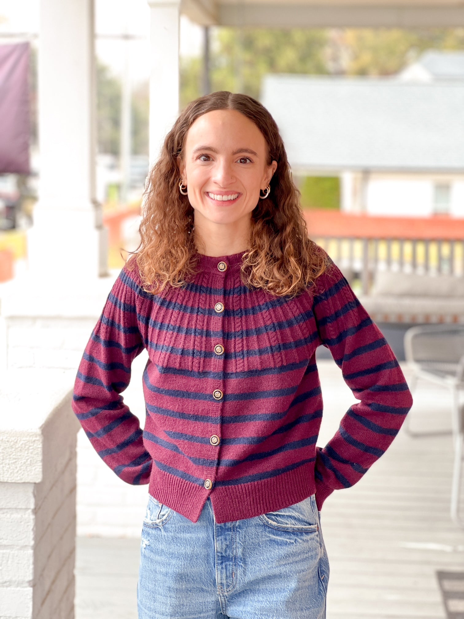 Navy/Burgundy Striped Cardigan with Novelty Buttons
