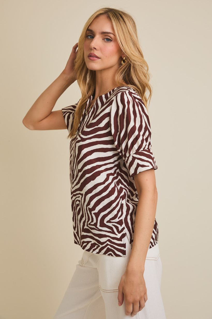 Zebra Printed Short Sleeve Work Blouse Top