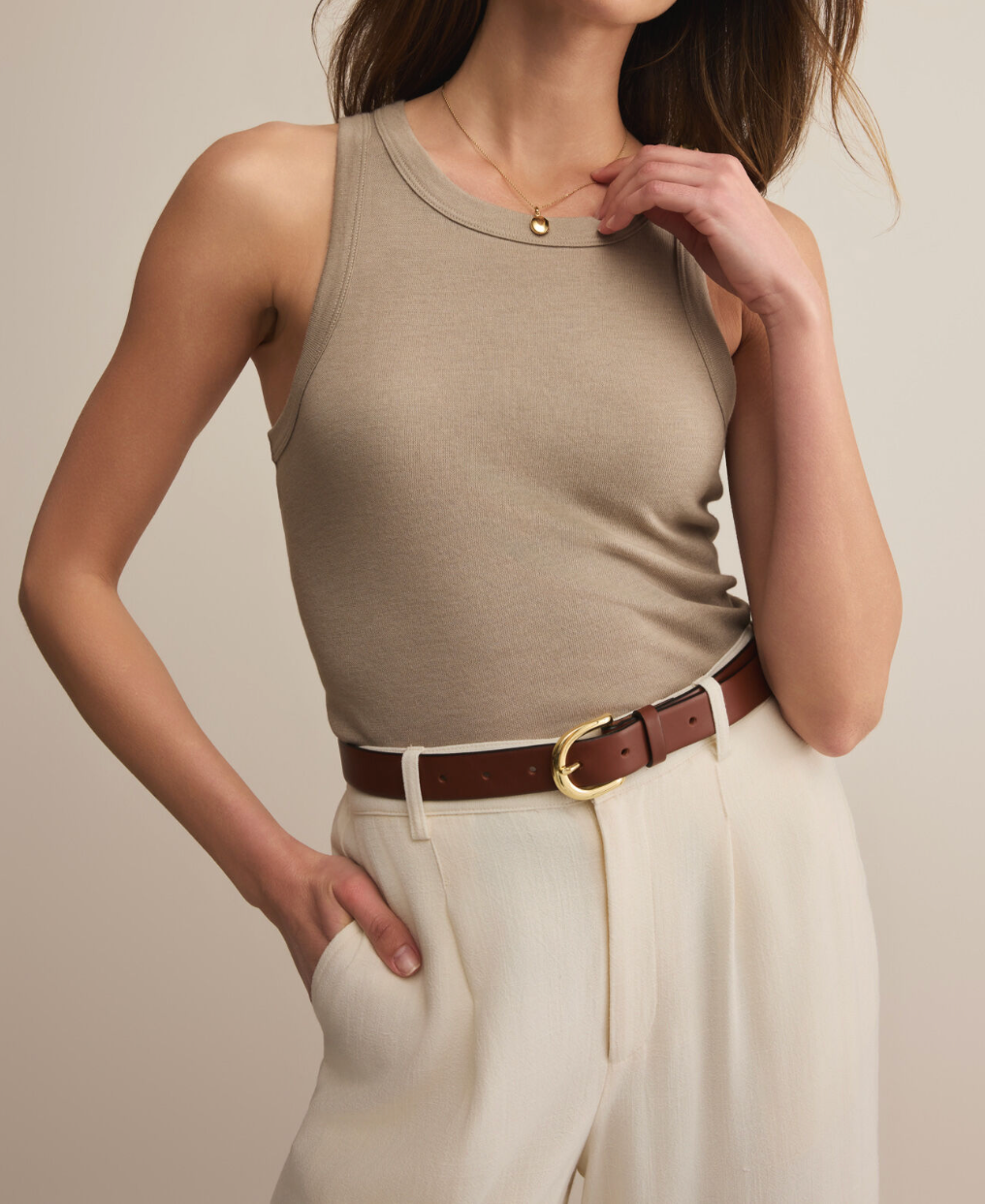 Taupe Sleeveless Crew Neck Tank Top