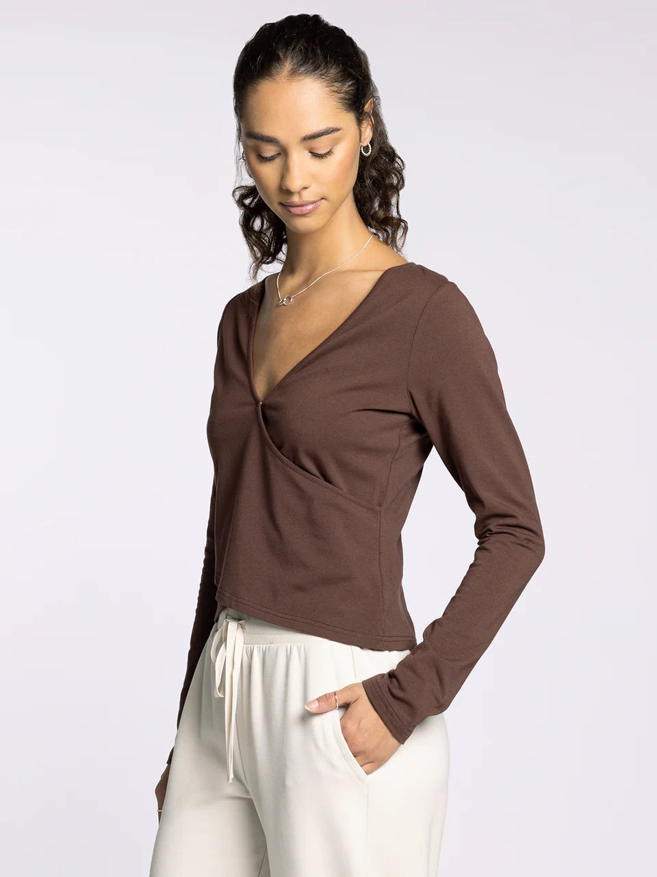 Brown V-Neckline Long Sleeve Top