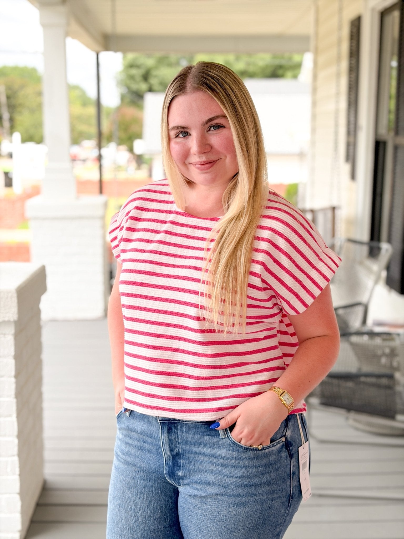 Rose & Lee Co Taylor Top, Fuchsia/White Stripe short sleeve